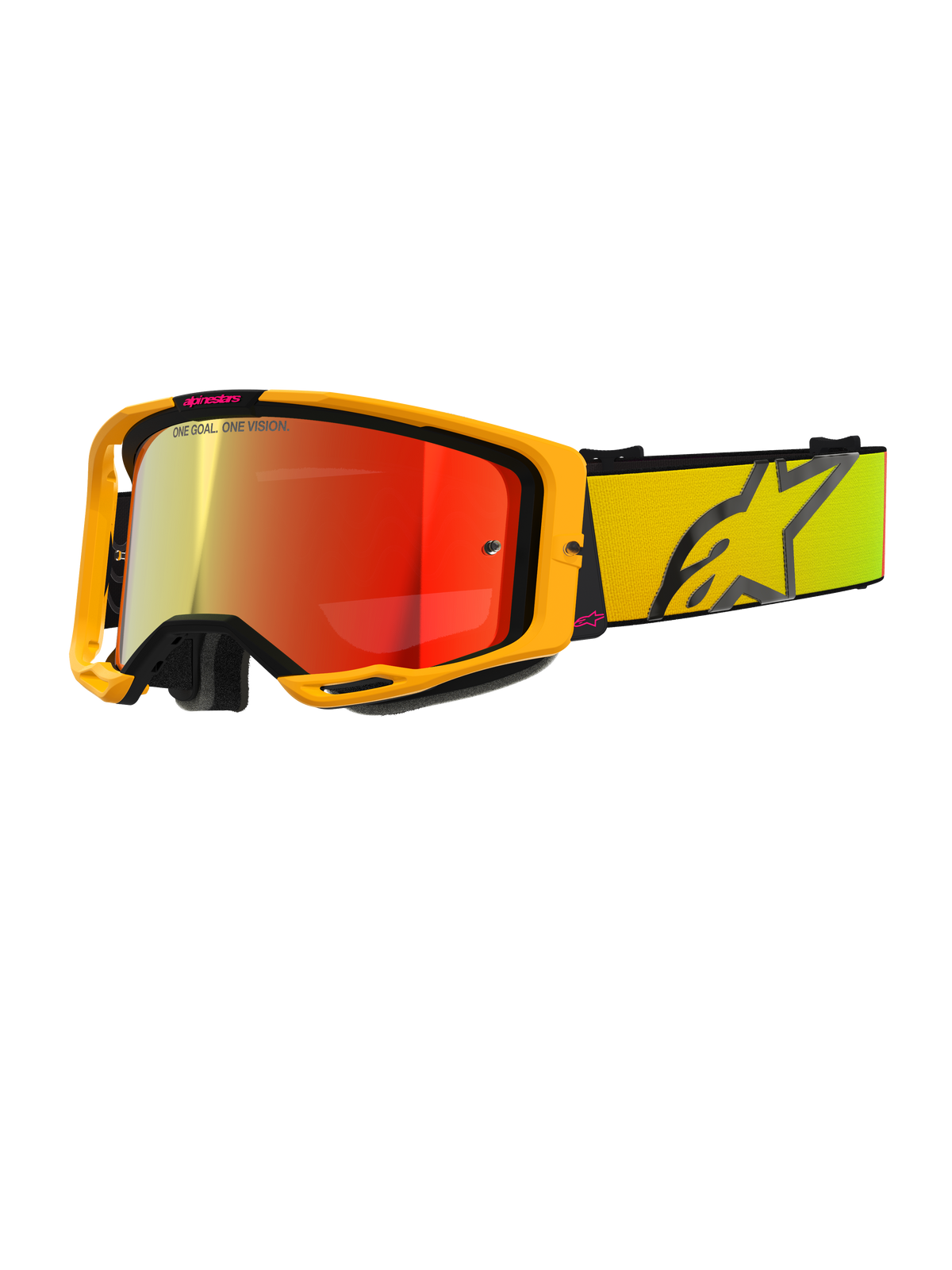 Gafas Alpinestars Vision 8 Corp, gafas de motocross amarillas y rosas, lente reflectante de espejo rojo, correa ancha amarilla con logotipo de estrella negro grande, marca 'ONE GOAL. ONE VISION.', gafas profesionales para competición off-road