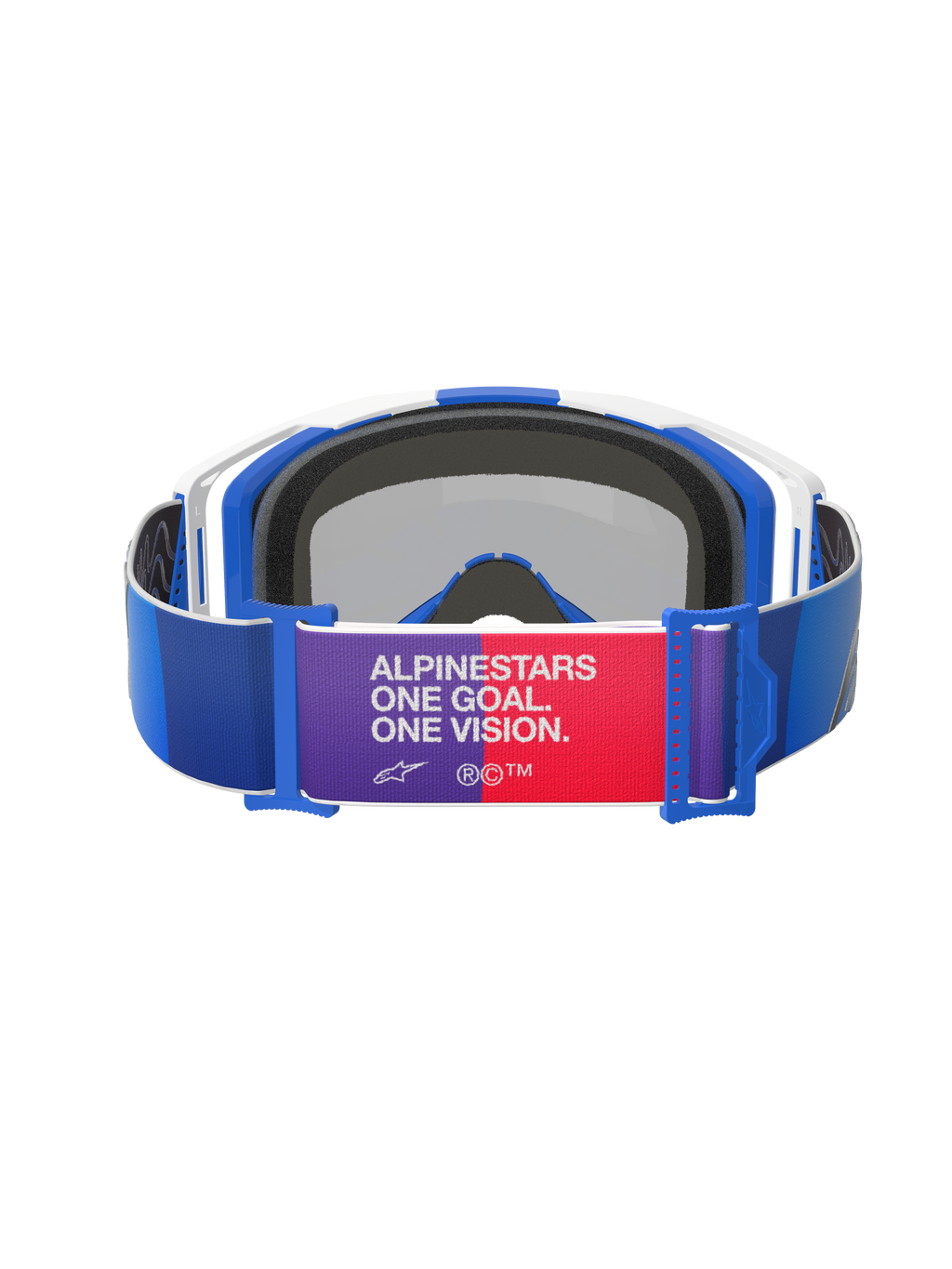 Gafas Alpinestars Vision 8 Corp, azul, blanco y espejo azul, vista trasera, correa azul con parche central morado y rojo con el texto "ALPINESTARS ONE GOAL. ONE VISION.", montura blanca y azul con acolchado de espuma negra, gafas de motocross