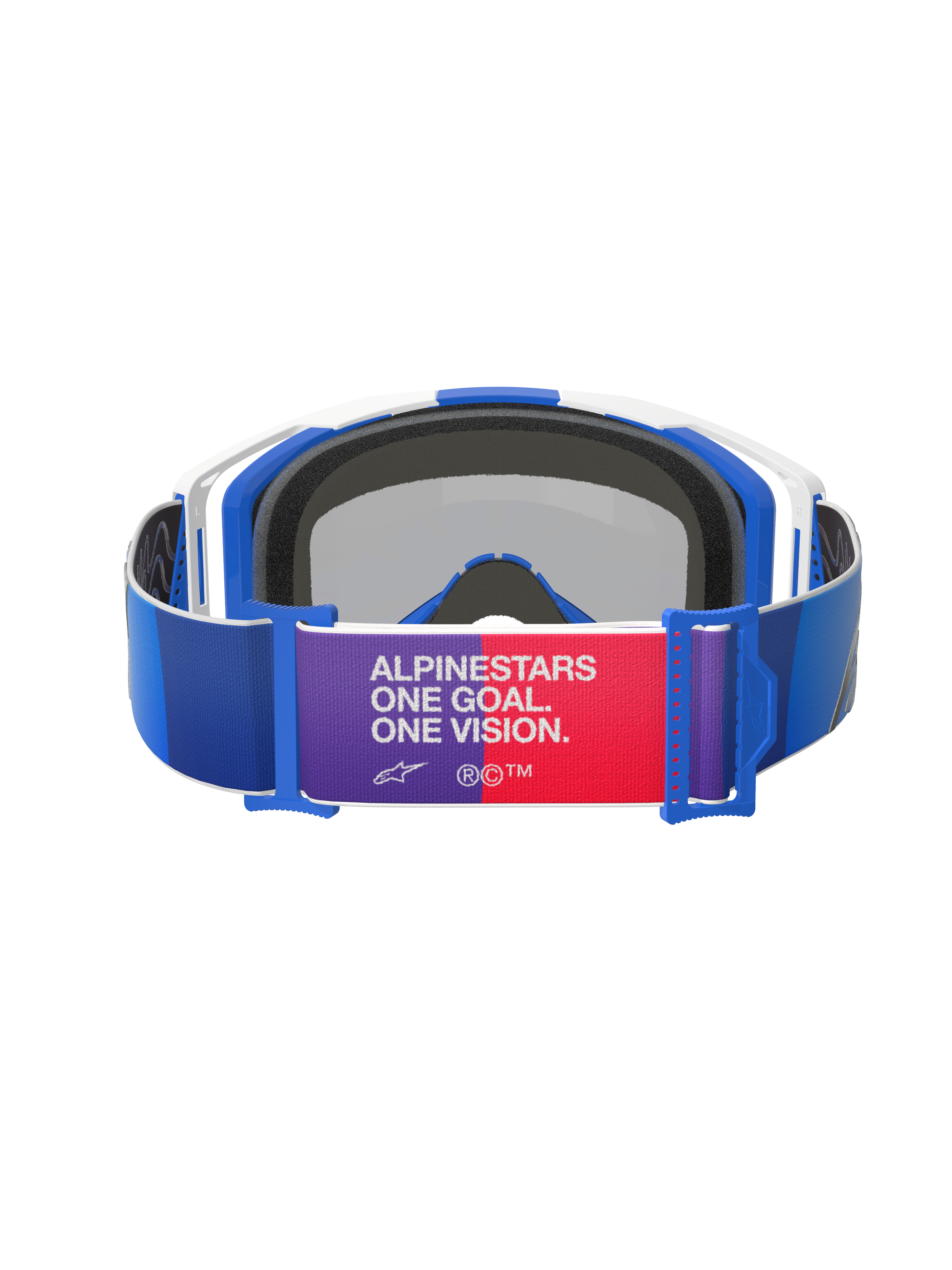 Gafas Alpinestars Vision 8 Corp, azul, blanco y espejo azul, vista trasera, correa azul con parche central morado y rojo con el texto "ALPINESTARS ONE GOAL. ONE VISION.", montura blanca y azul con acolchado de espuma negra, gafas de motocross