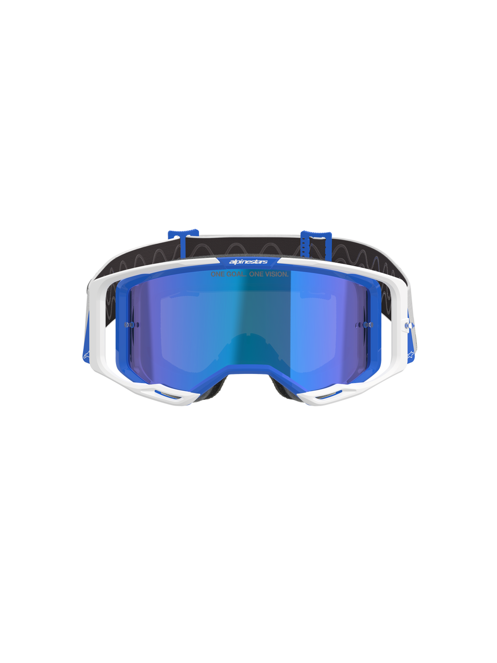Gafas Alpinestars Vision 8 Corp, gafas de motocross, azul y blanco con lente de espejo azul, con marco exterior blanco, detalles interiores azules y la marca 'One Goal. One Vision.' en la lente, diseñadas para un alto rendimiento en carreras off-road.