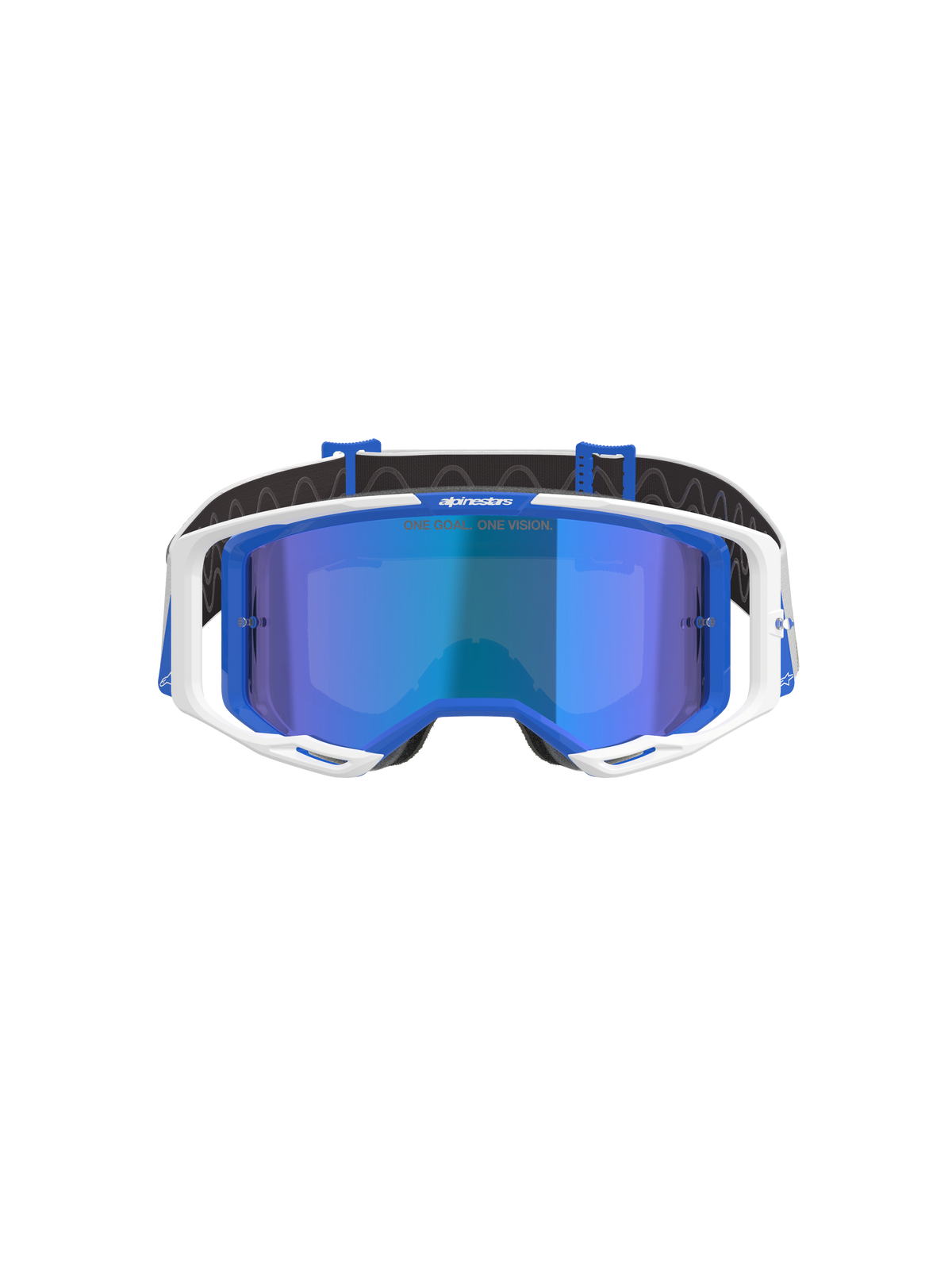 Gafas Alpinestars Vision 8 Corp, gafas de motocross, azul y blanco con lente de espejo azul, con marco exterior blanco, detalles interiores azules y la marca 'One Goal. One Vision.' en la lente, diseñadas para un alto rendimiento en carreras off-road.