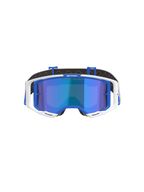 Gafas Alpinestars Vision 8 Corp, gafas de motocross, azul y blanco con lente de espejo azul, con marco exterior blanco, detalles interiores azules y la marca 'One Goal. One Vision.' en la lente, diseñadas para un alto rendimiento en carreras off-road.