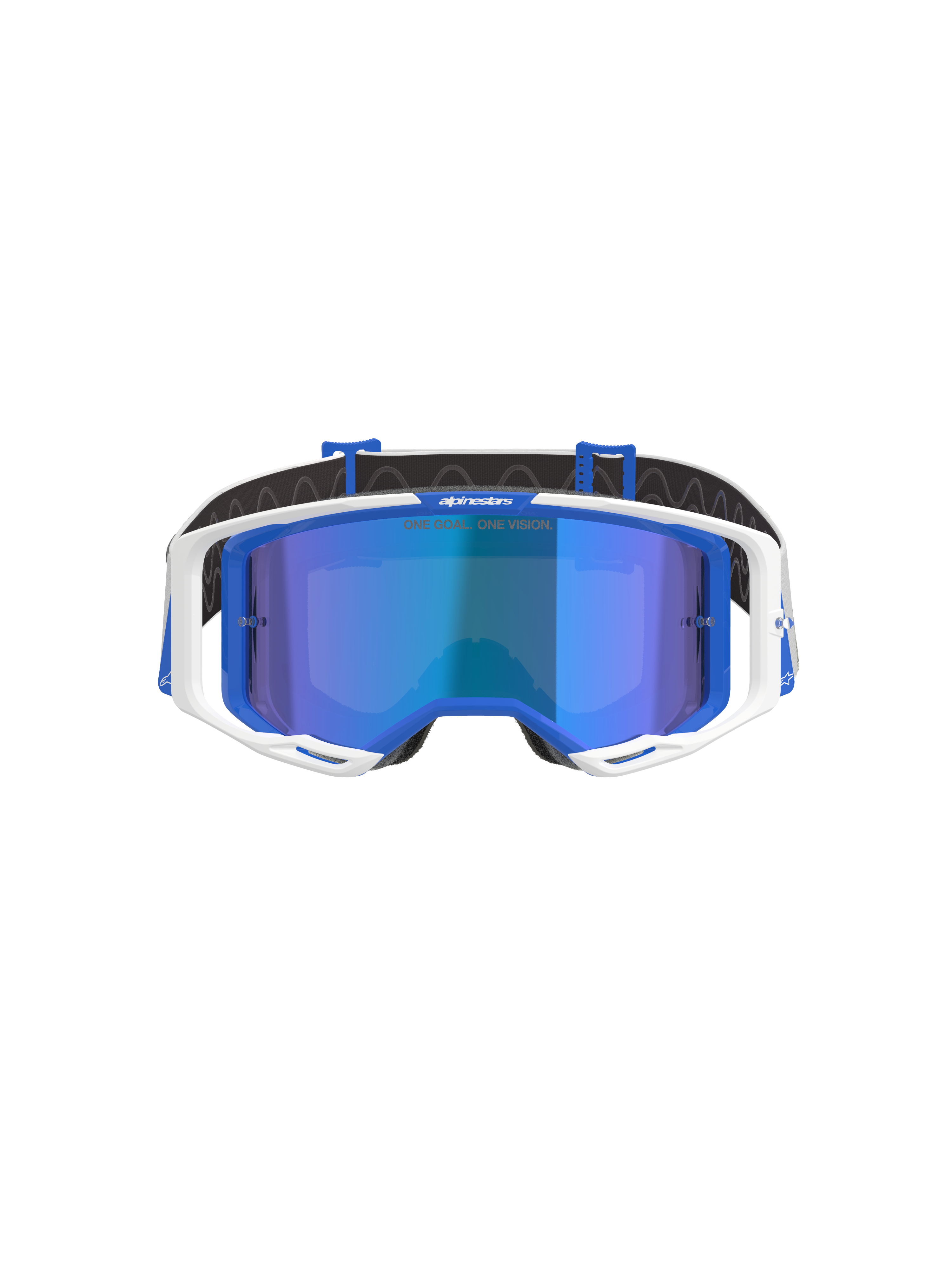 Gafas Alpinestars Vision 8 Corp, gafas de motocross, azul y blanco con lente de espejo azul, con marco exterior blanco, detalles interiores azules y la marca 'One Goal. One Vision.' en la lente, diseñadas para un alto rendimiento en carreras off-road.