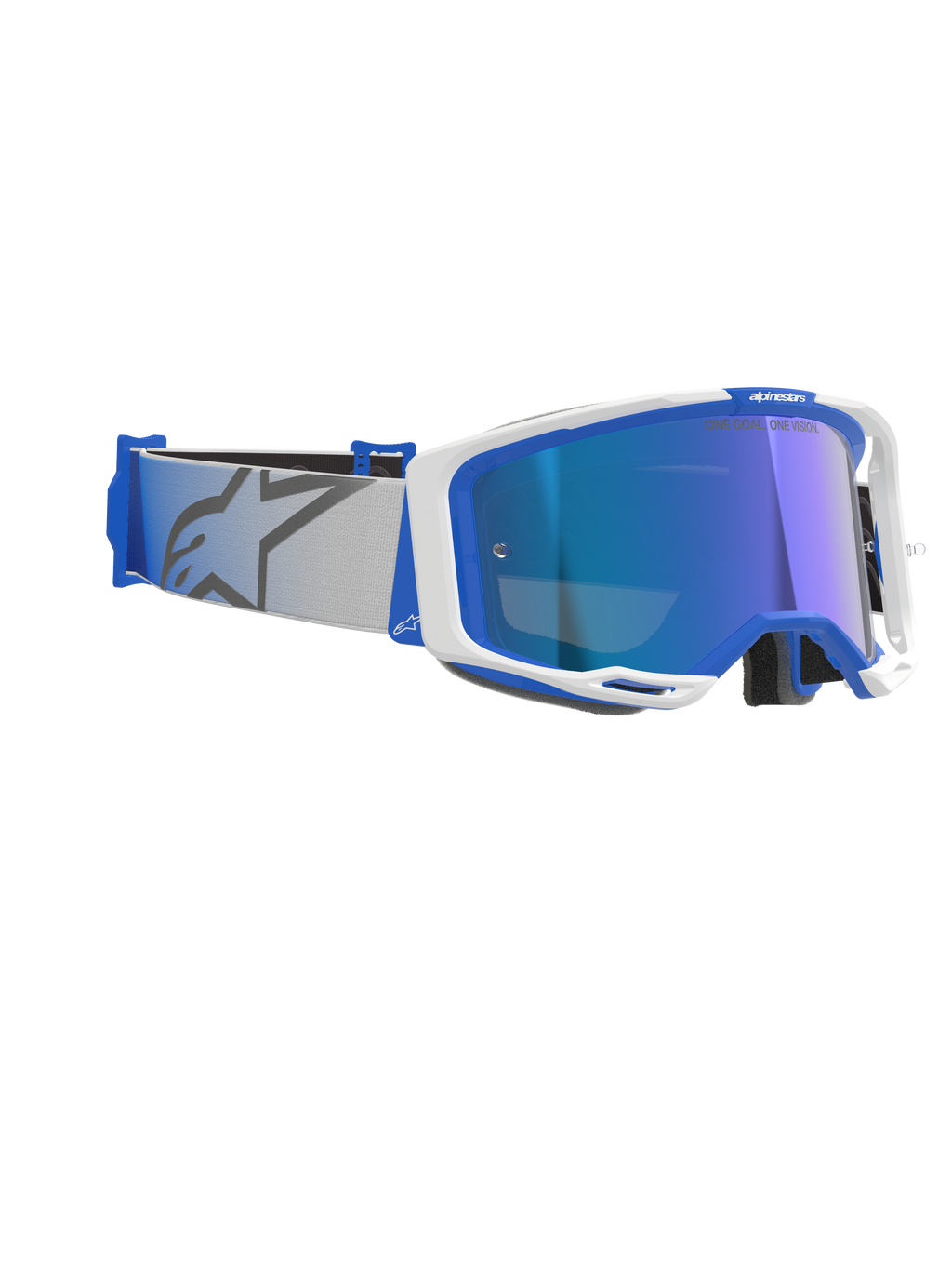 Alpinestars Vision 8 Corp Goggles, gafas de motocross, azul y blanco con lente de espejo azul, correa tejida en gris claro con el logotipo de la estrella en azul, diseño de montura A-FLEX estilizado con lente espejada para carreras todoterreno