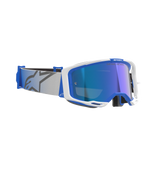Alpinestars Vision 8 Corp Goggles, gafas de motocross, azul y blanco con lente de espejo azul, correa tejida en gris claro con el logotipo de la estrella en azul, diseño de montura A-FLEX estilizado con lente espejada para carreras todoterreno