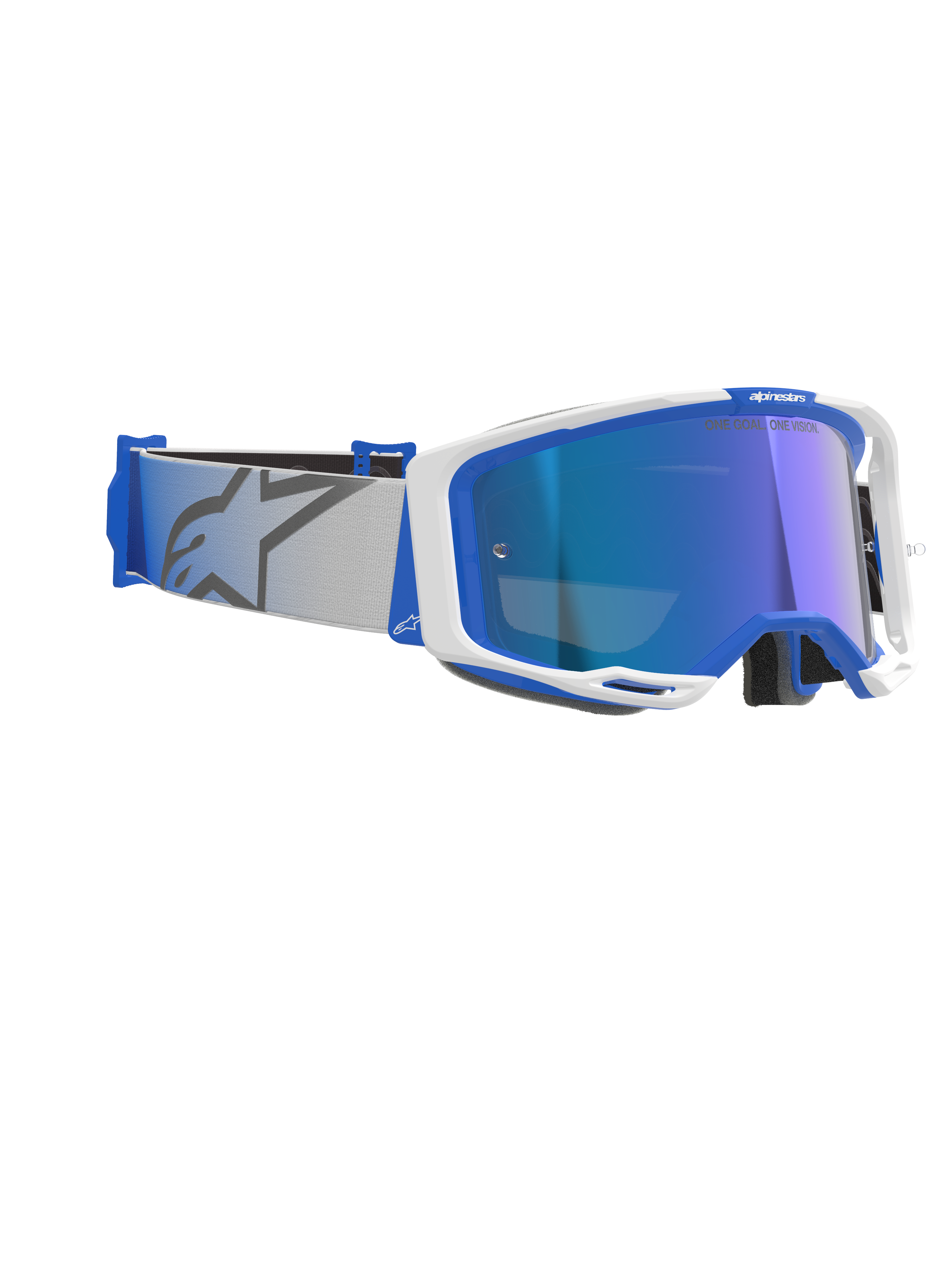 Alpinestars Vision 8 Corp Goggles, gafas de motocross, azul y blanco con lente de espejo azul, correa tejida en gris claro con el logotipo de la estrella en azul, diseño de montura A-FLEX estilizado con lente espejada para carreras todoterreno