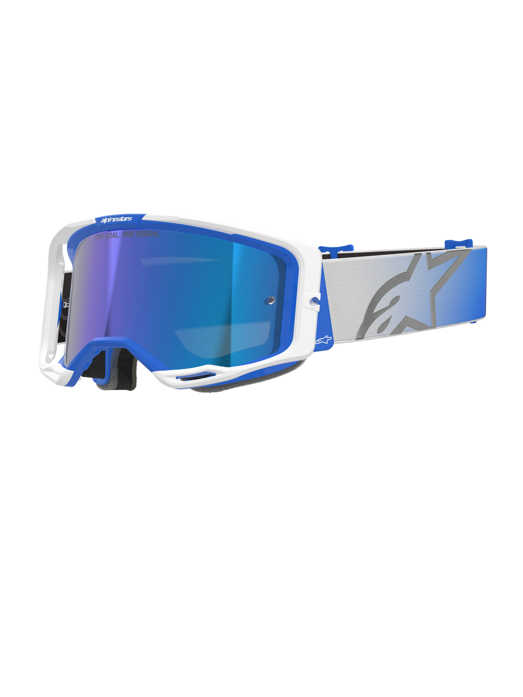 Alpinestars Vision 8 Corp Goggles, gafas de motocross con montura azul y blanca, lente reflectante azul espejo con tinte púrpura, correa ancha ajustable gris con degradado azul y logotipo de estrella grande, con ventilación RAM-AIR y el lema 'ONE GOAL. ONE VISION.'