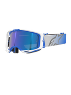 Alpinestars Vision 8 Corp Goggles, gafas de motocross con montura azul y blanca, lente reflectante azul espejo con tinte púrpura, correa ancha ajustable gris con degradado azul y logotipo de estrella grande, con ventilación RAM-AIR y el lema 'ONE GOAL. ONE VISION.'