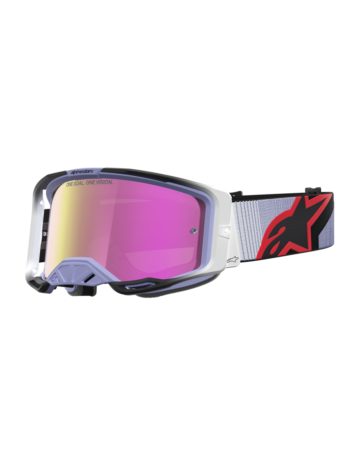 Alpinestars Vision 8 Maven Motocross Goggles in Lavender and Black, featuring a high-performance pink mirror anti-fog lens.