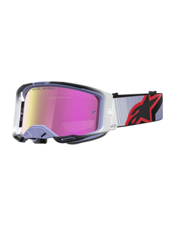 Alpinestars Vision 8 Maven, gafas de motocross en lavanda y negro con lente de espejo rosa antivaho de alto rendimiento.
