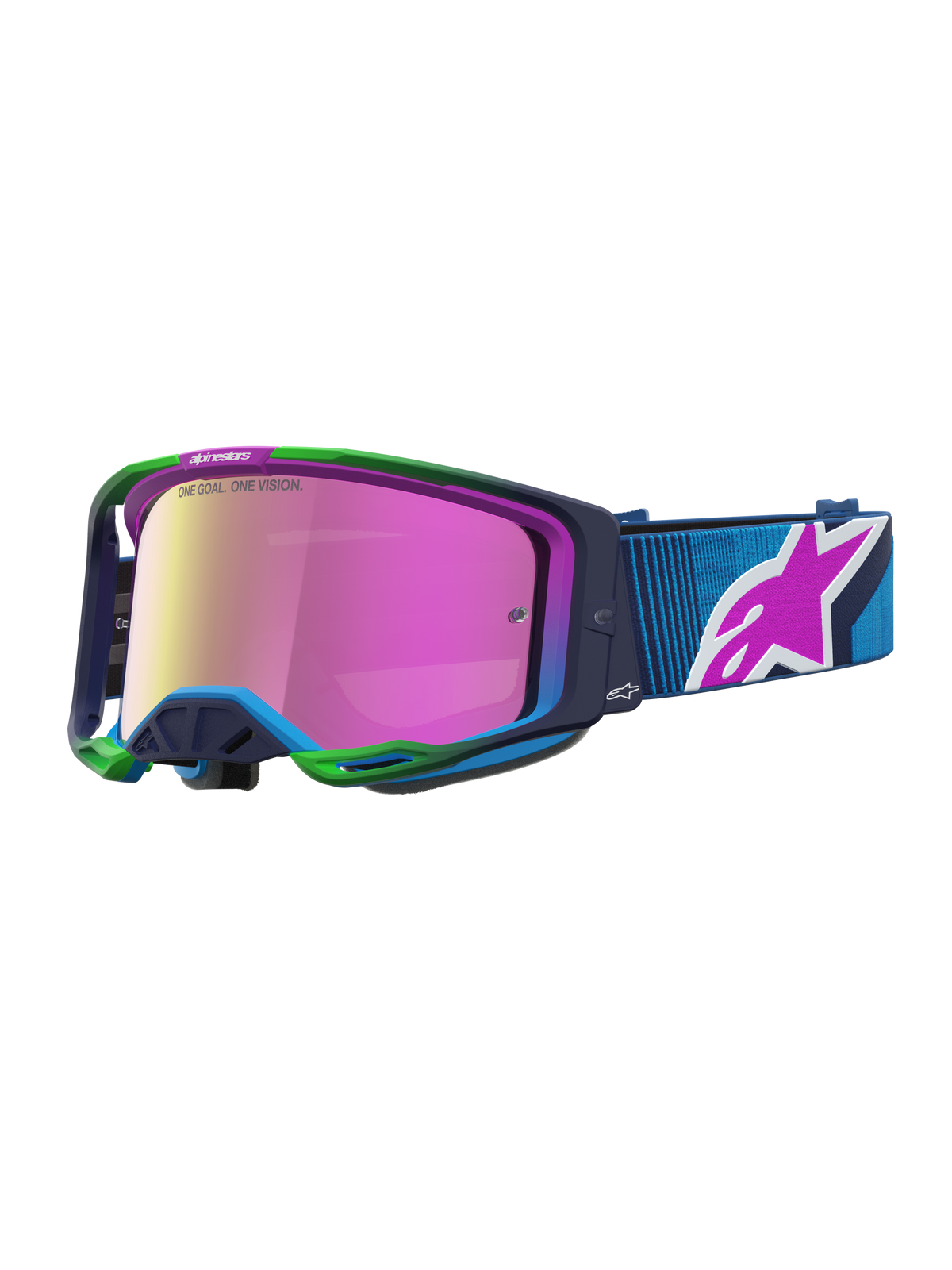 Alpinestars Vision 8 Maven, gafas de motocross en azul y rosa espejo morado, montura A-FLEX flexible, sistema de ventilación RAM-AIR y correa azul con logotipo, equipo de protección para off-road