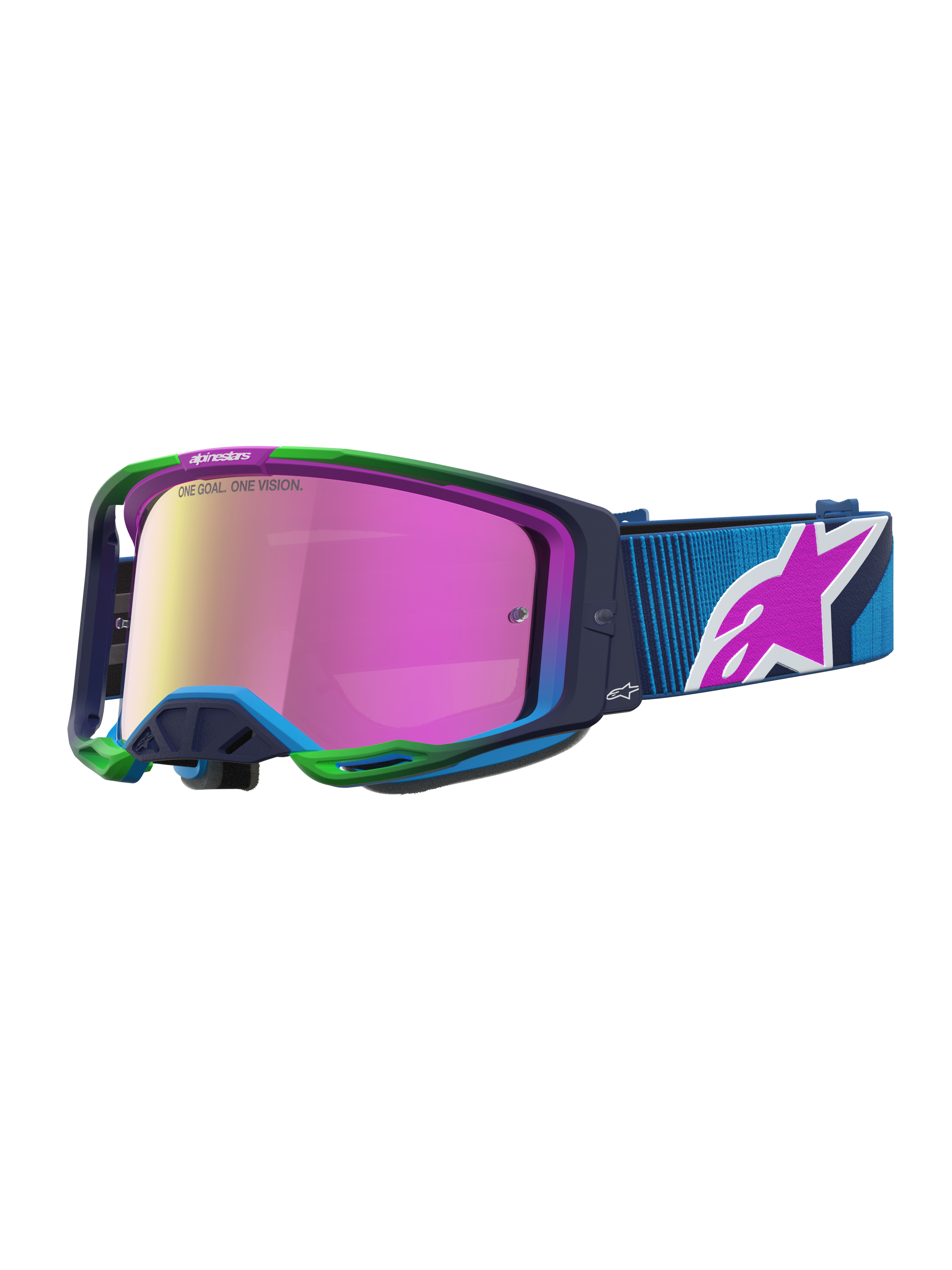 Alpinestars Vision 8 Maven, gafas de motocross en azul y rosa espejo morado, montura A-FLEX flexible, sistema de ventilación RAM-AIR y correa azul con logotipo, equipo de protección para off-road