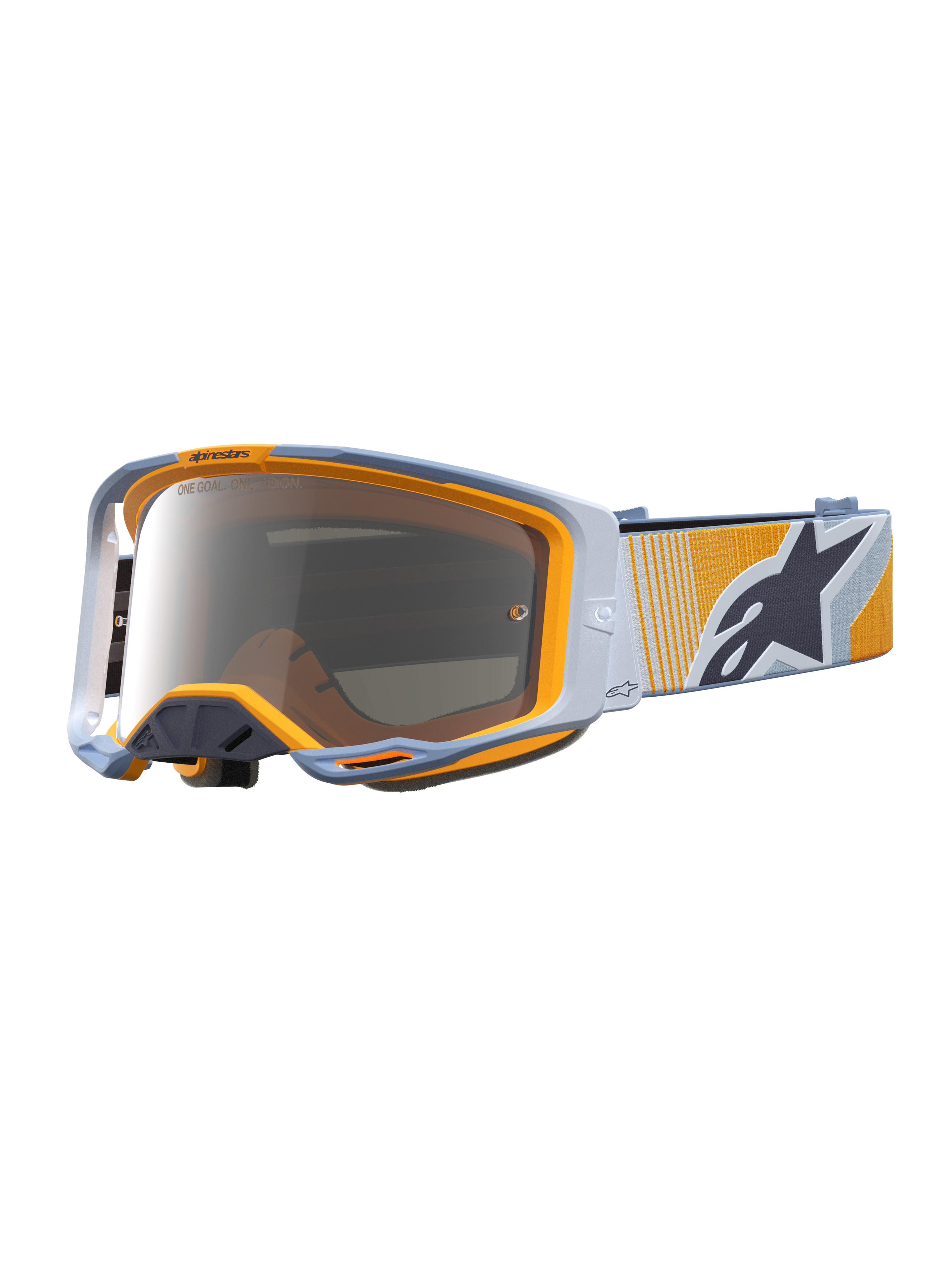Alpinestars Vision 8 Maven, gafas de motocross en azul y naranja con lente plateada antiempañante y ventilación RAM-AIR.