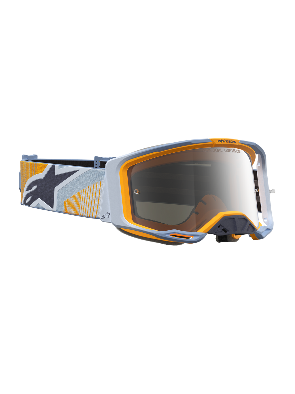 Alpinestars Vision 8 Maven, gafas de motocross, azul y naranja, lente de espejo plateada, marco A-FLEX y ventilación RAM-AIR