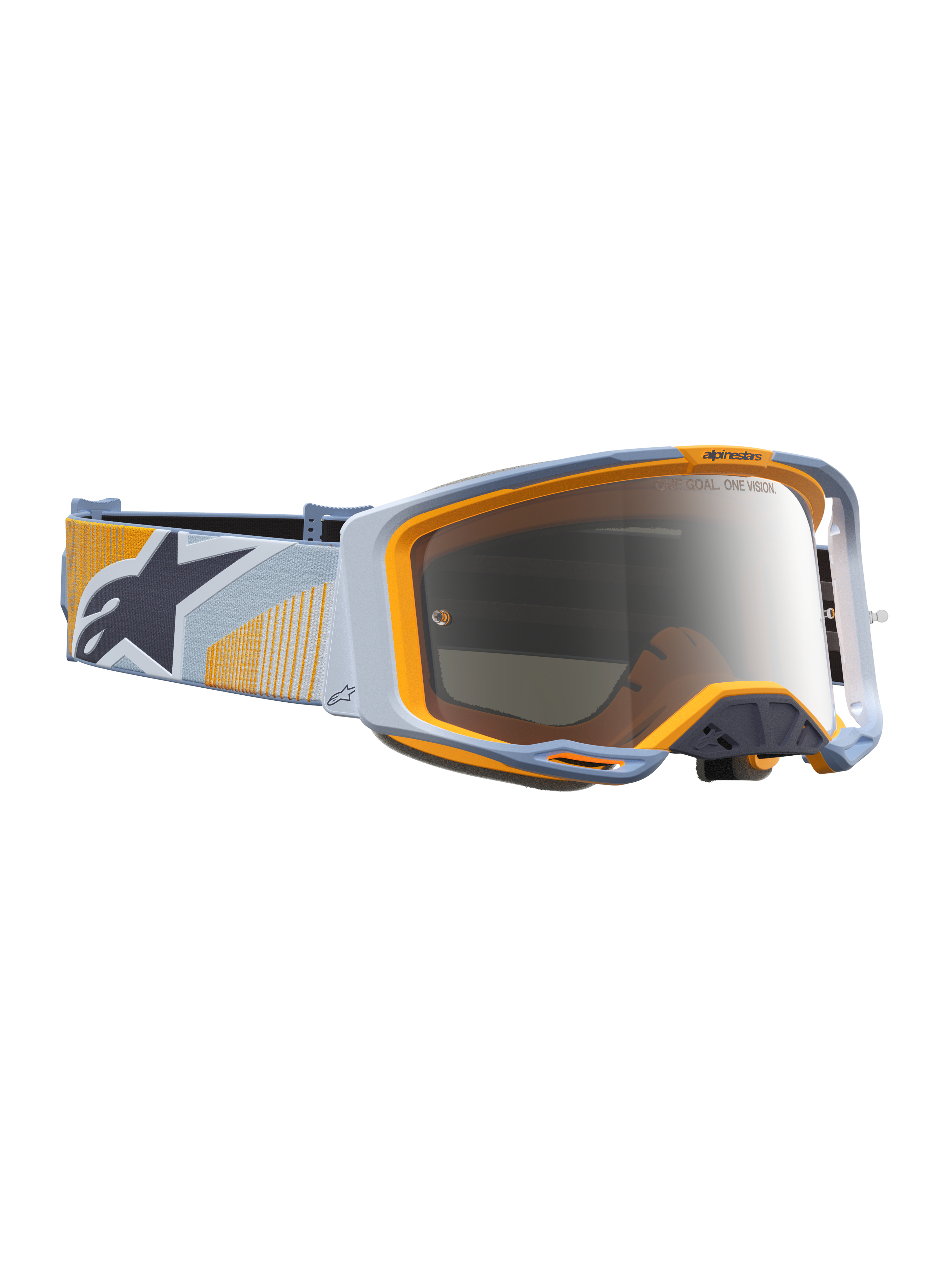 Alpinestars Vision 8 Maven, gafas de motocross, azul y naranja, lente de espejo plateada, marco A-FLEX y ventilación RAM-AIR