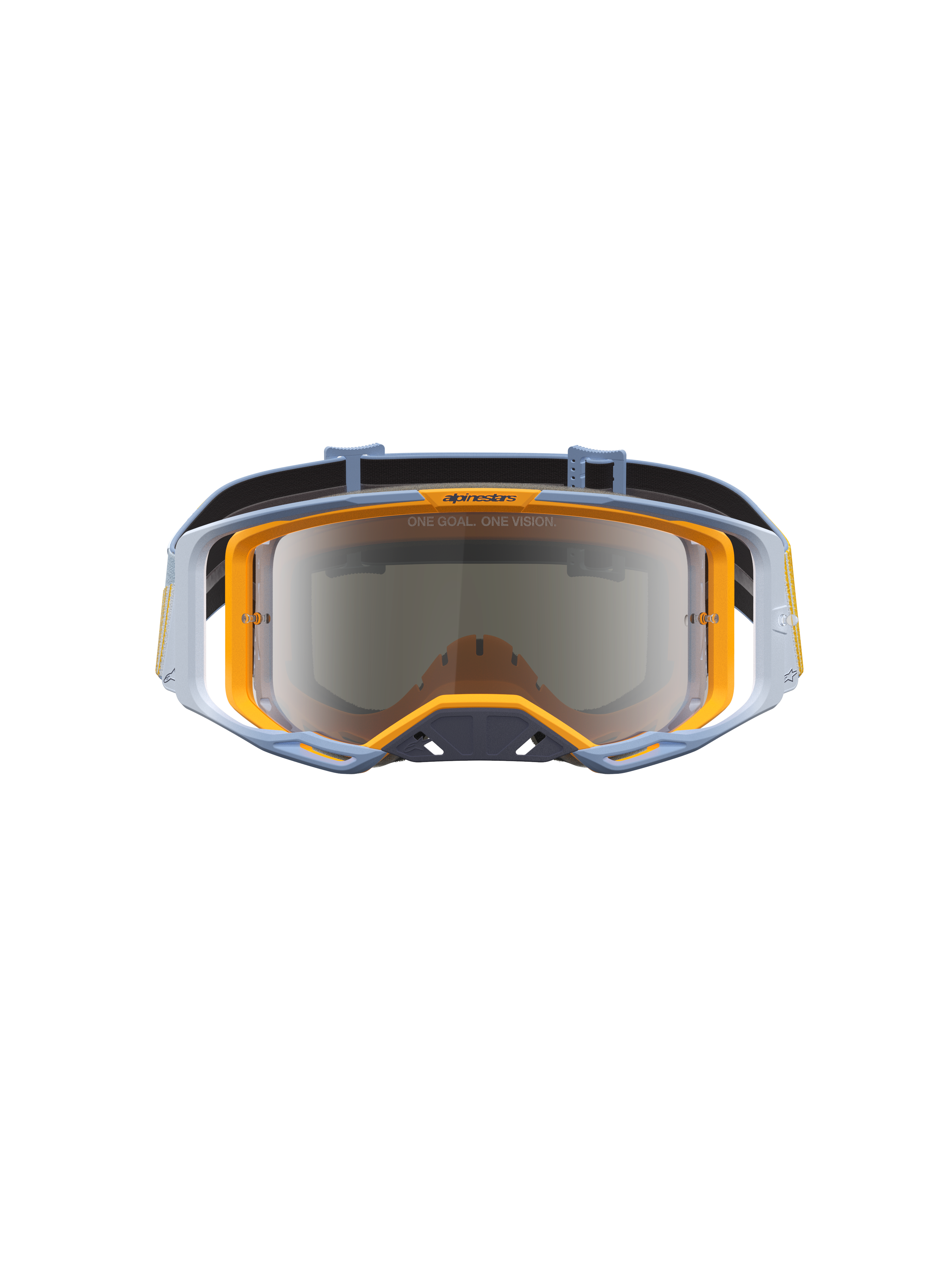 Gafas Alpinestars Vision 8 Maven para motocross, azul polvo y naranja, con lente de espejo plateada para off-road.