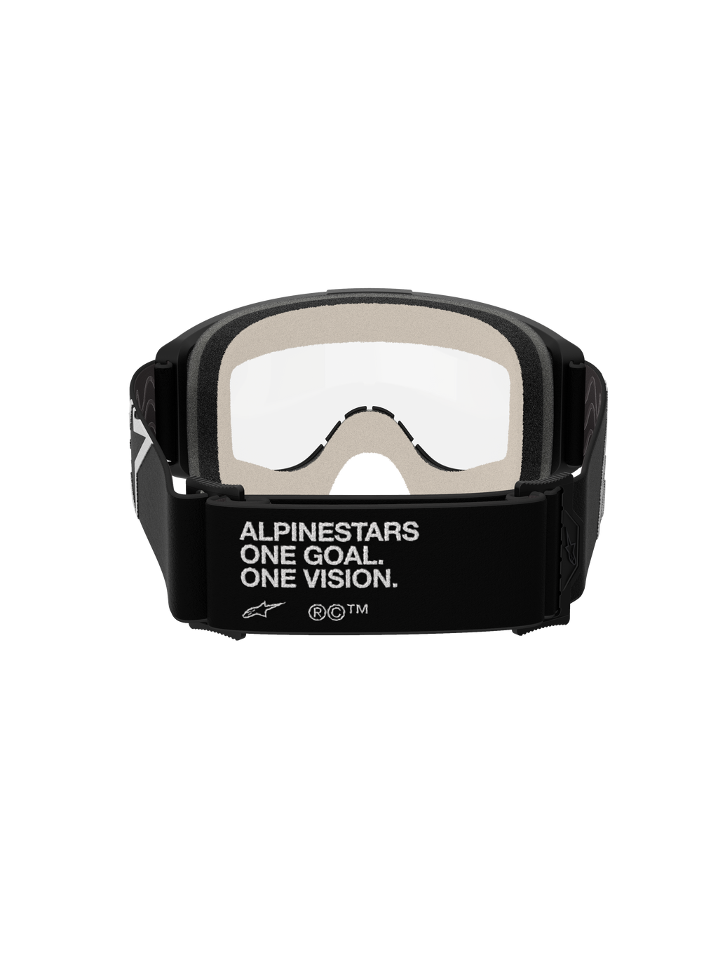 Gafas Alpinestars Vision 5 Corp, gafas de motocross, negro y transparente, vista trasera que muestra la correa negra con la inscripción blanca 'ALPINESTARS ONE GOAL. ONE VISION.', espuma facial gris claro y lente transparente antiempañante.