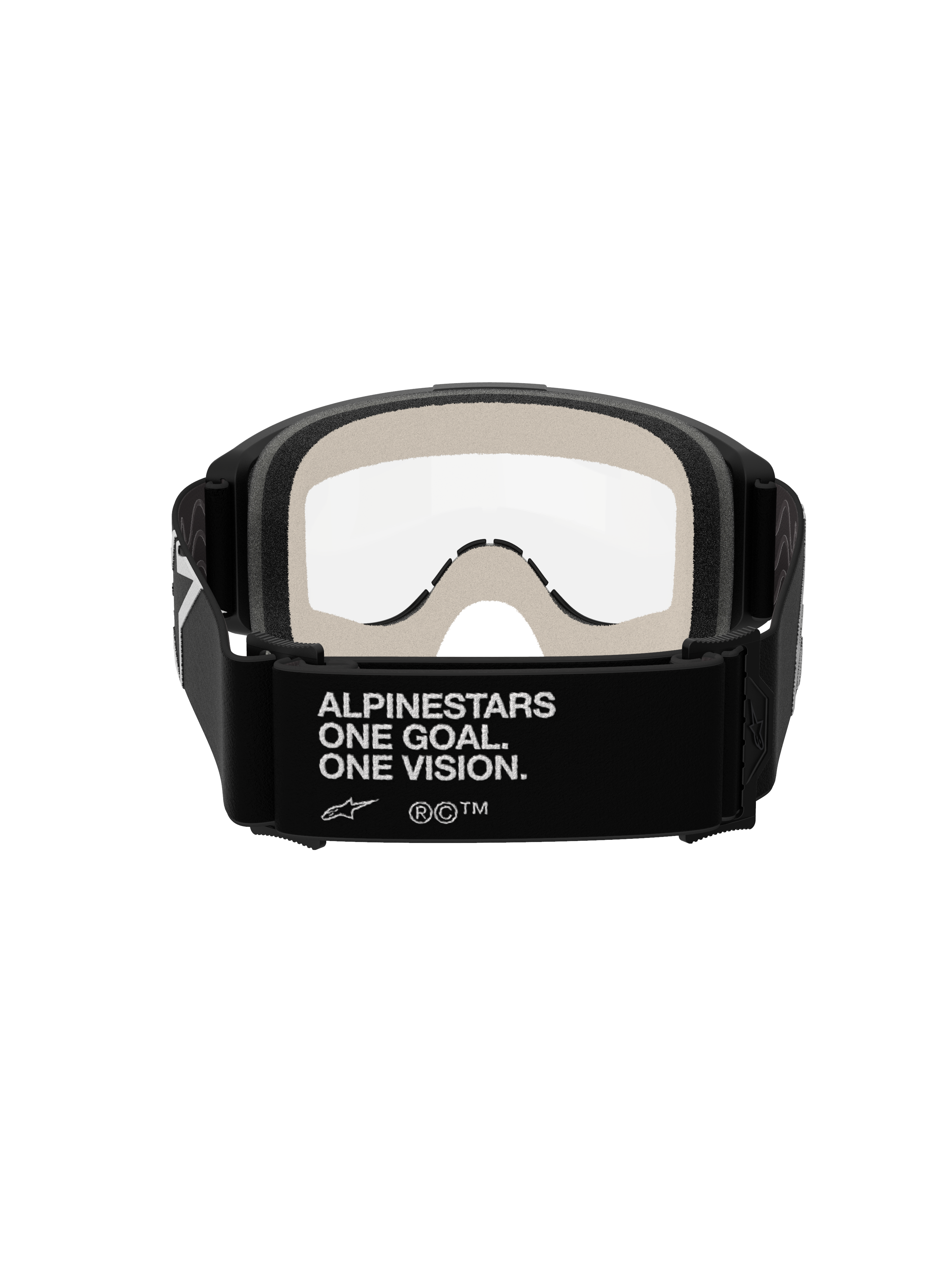 Gafas Alpinestars Vision 5 Corp, gafas de motocross, negro y transparente, vista trasera que muestra la correa negra con la inscripción blanca 'ALPINESTARS ONE GOAL. ONE VISION.', espuma facial gris claro y lente transparente antiempañante.