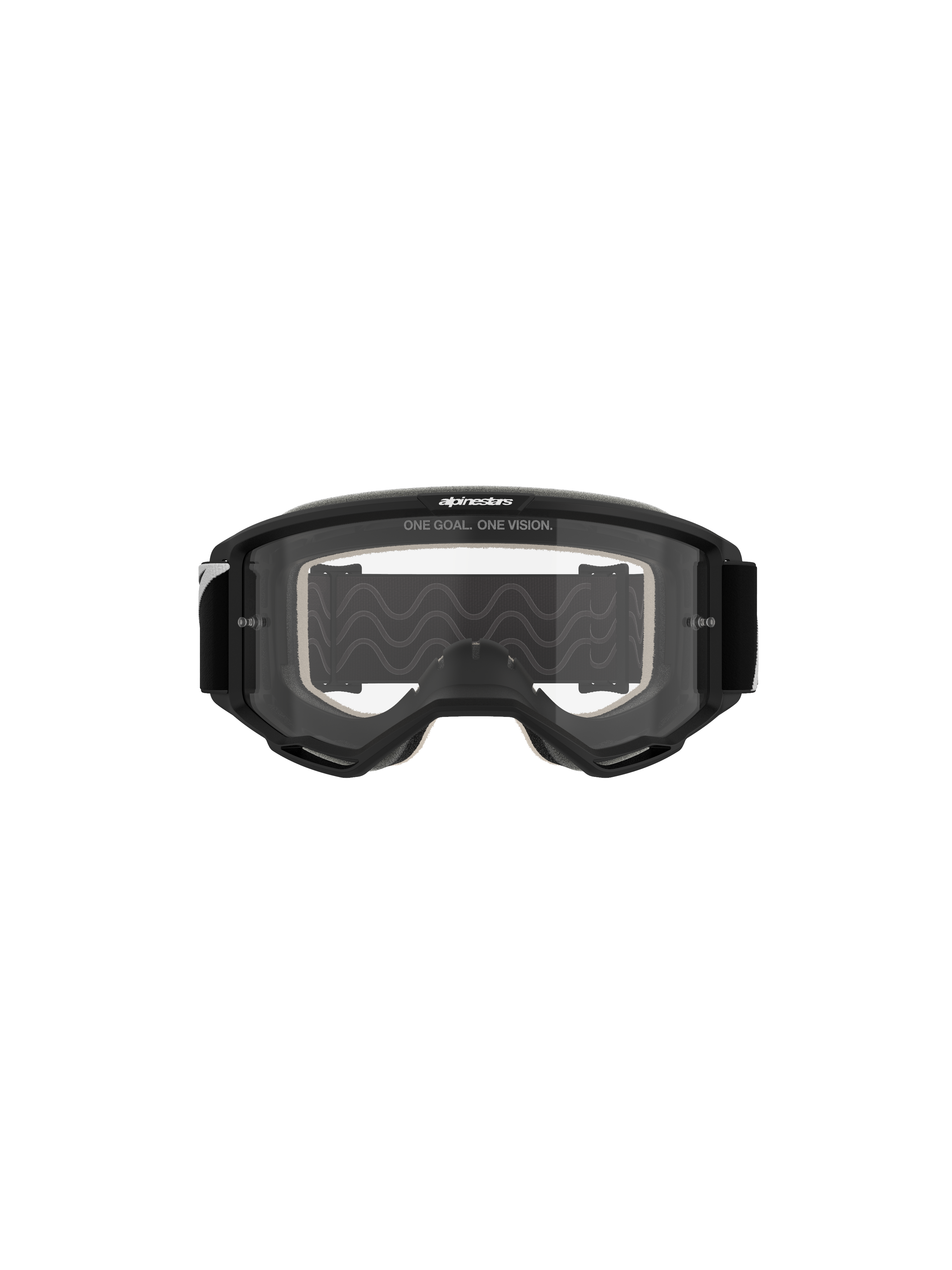 Alpinestars Vision 5 Corp Goggles, gafas de motocross, montura negra con lente transparente, vista frontal, con el lema 'ONE GOAL. ONE VISION.' en la parte superior, diseño de campo de visión amplio para carreras off-road.