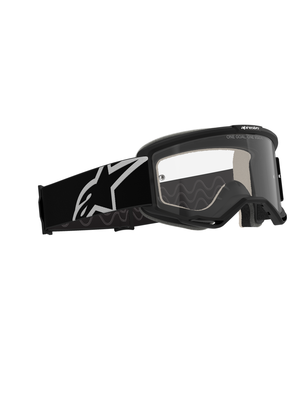 Alpinestars Vision 5 Corp Goggles, gafas de motocross, montura negra con lente transparente antiempañante, correa ancha negra con el logotipo de Astars en blanco, gafas de alto rendimiento para off-road con ventilación RAM-AIR