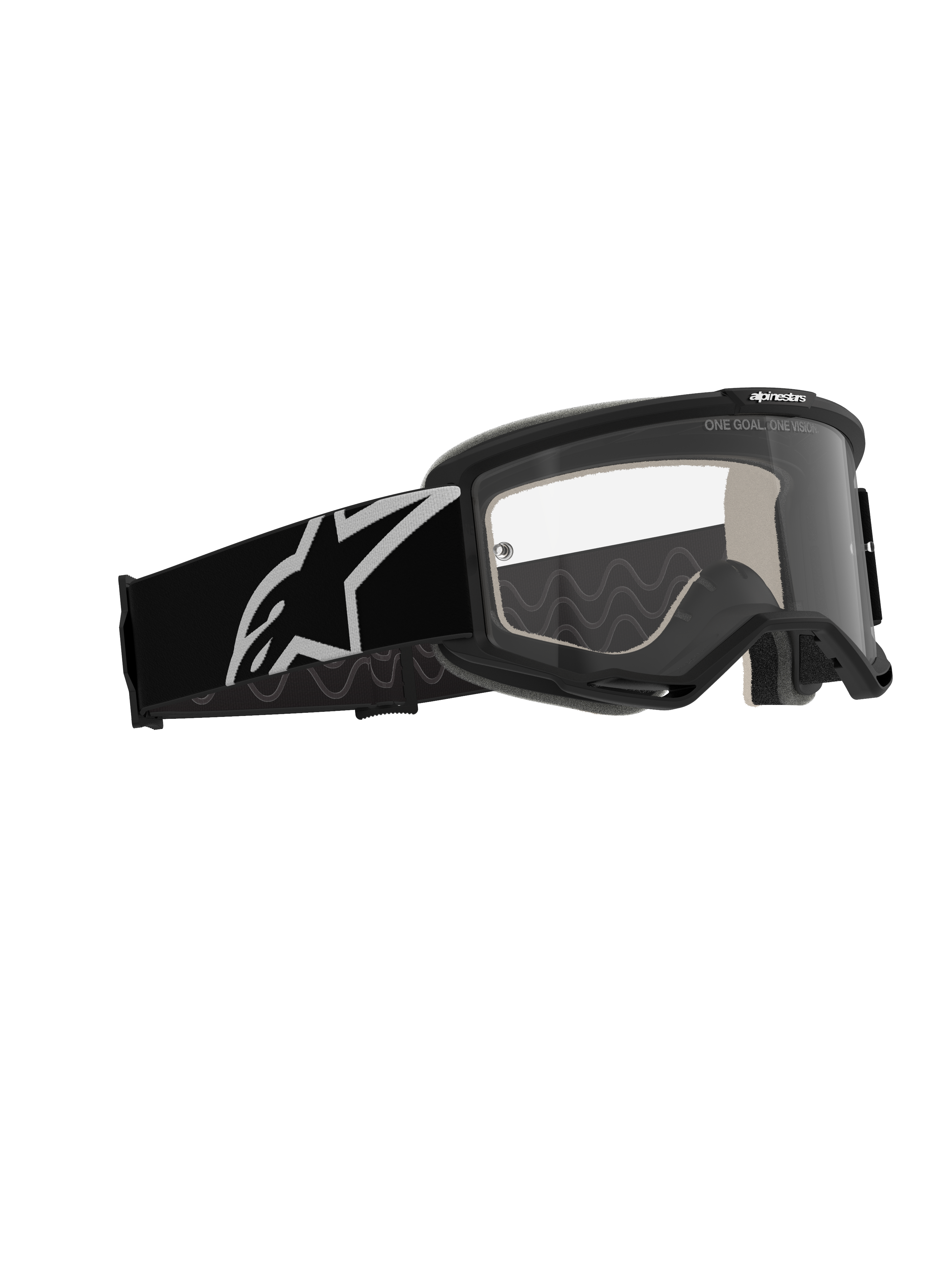 Alpinestars Vision 5 Corp Goggles, gafas de motocross, montura negra con lente transparente antiempañante, correa ancha negra con el logotipo de Astars en blanco, gafas de alto rendimiento para off-road con ventilación RAM-AIR