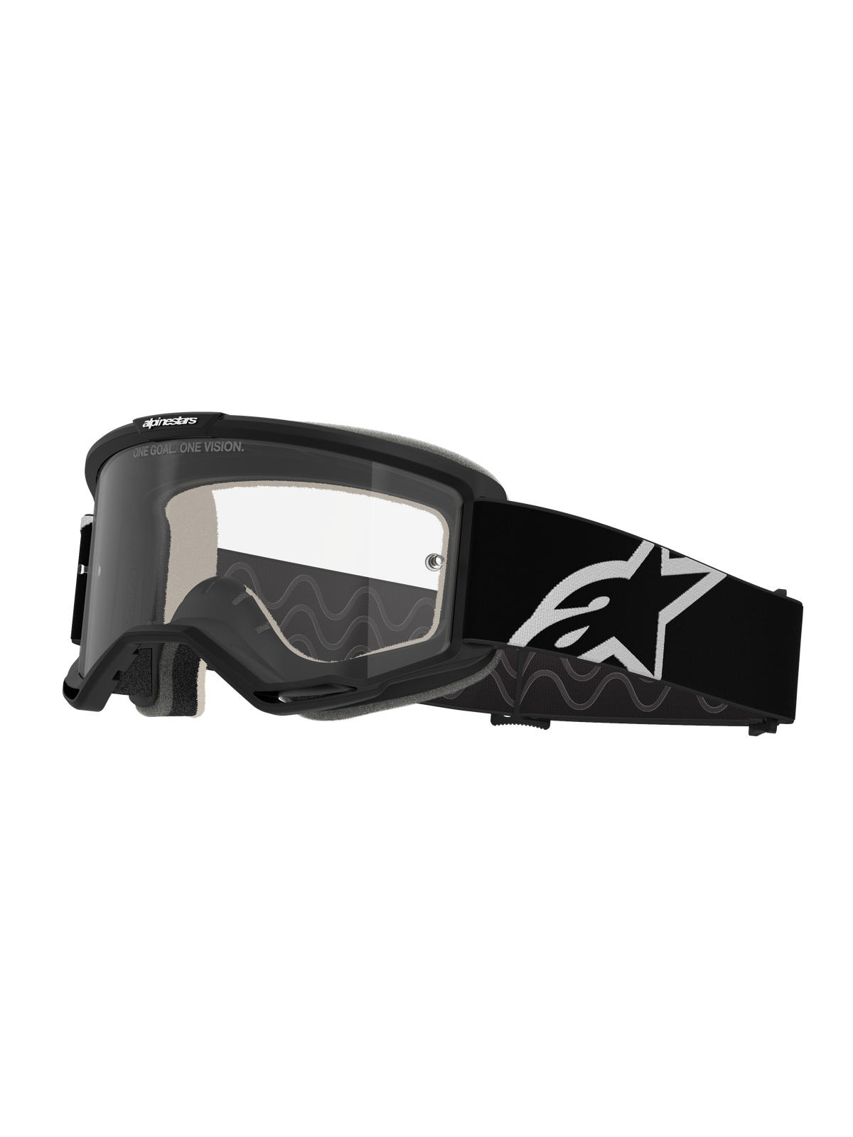 Alpinestars Vision 5 Corp Goggles, Motocross Goggles, Black and Clear, featuring a clear anti-fog lens, black frame with RAM-AIR ventilation, and a wide black strap with a white star logo, designed for off-road racing.