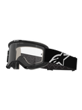 Gafas Alpinestars Vision 5 Corp, gafas de motocross, negro y transparente, con lente transparente antiempañante, montura negra con ventilación RAM-AIR y una correa negra ancha con el logo de la estrella blanca, diseñadas para carreras todoterreno.