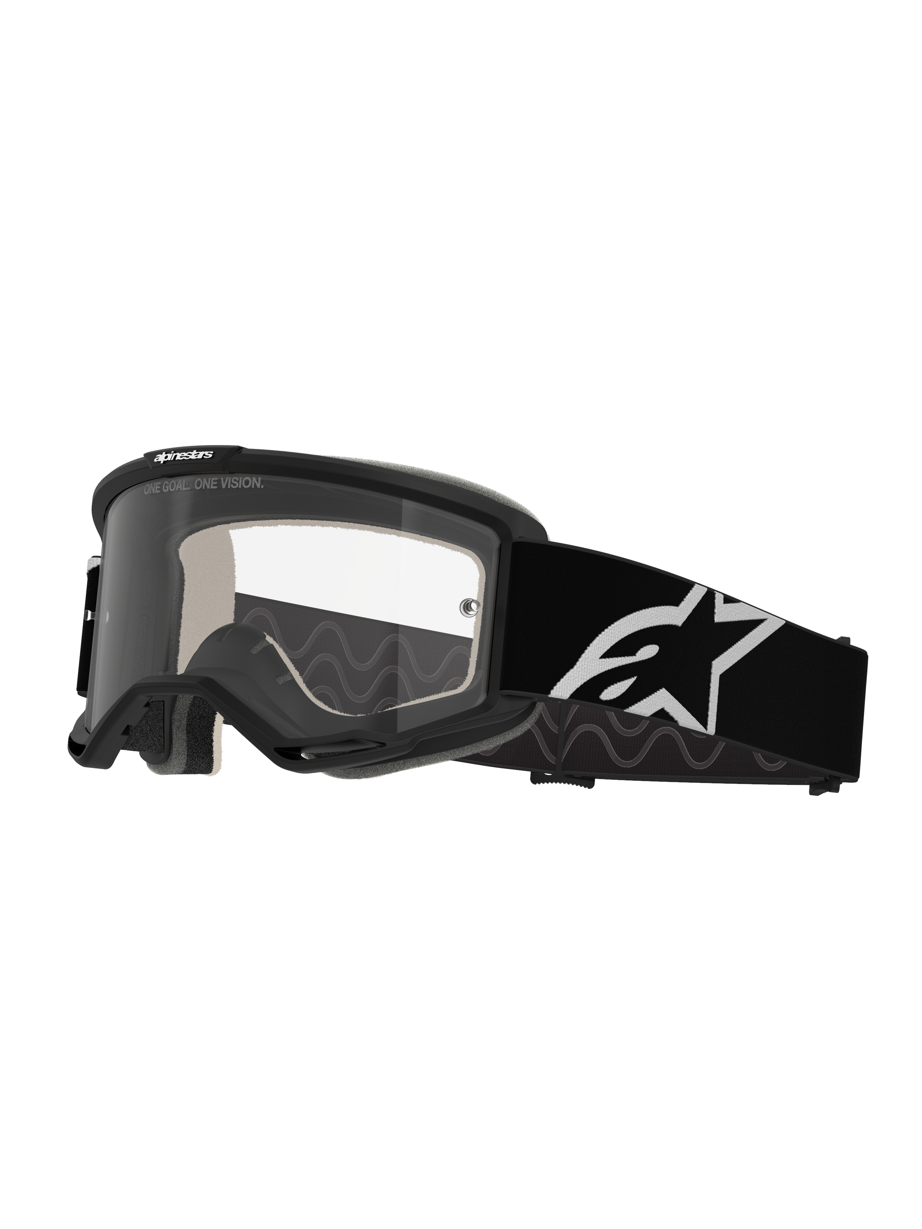 Gafas Alpinestars Vision 5 Corp, gafas de motocross, negro y transparente, con lente transparente antiempañante, montura negra con ventilación RAM-AIR y una correa negra ancha con el logo de la estrella blanca, diseñadas para carreras todoterreno.