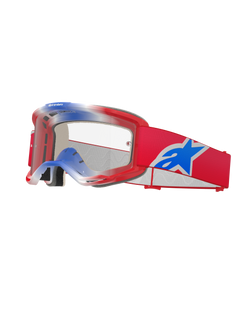 Gafas Alpinestars Vision 5 Corp, gafas de motocross, rojas, blancas y azules, lente transparente, montura roja con acentos superiores degradados en azul y blanco, correa roja con un gran logotipo de estrella Alpinestars en azul y blanco, acolchado de espuma multicapa, gafas de competición de alto rendimiento