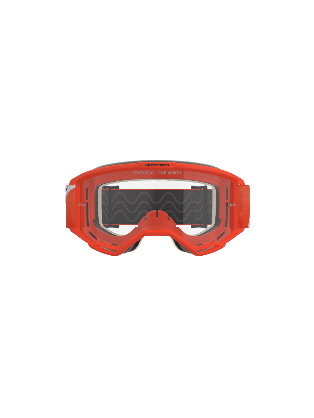 Alpinestars Vision 5 Corp Goggles, Motocross Goggles, Orange with Clear Lens, front view featuring a vibrant orange frame, transparent anti-fog lens with 'One Goal. One Vision' branding, gray face foam, and a black strap with wavy silicone traction.
