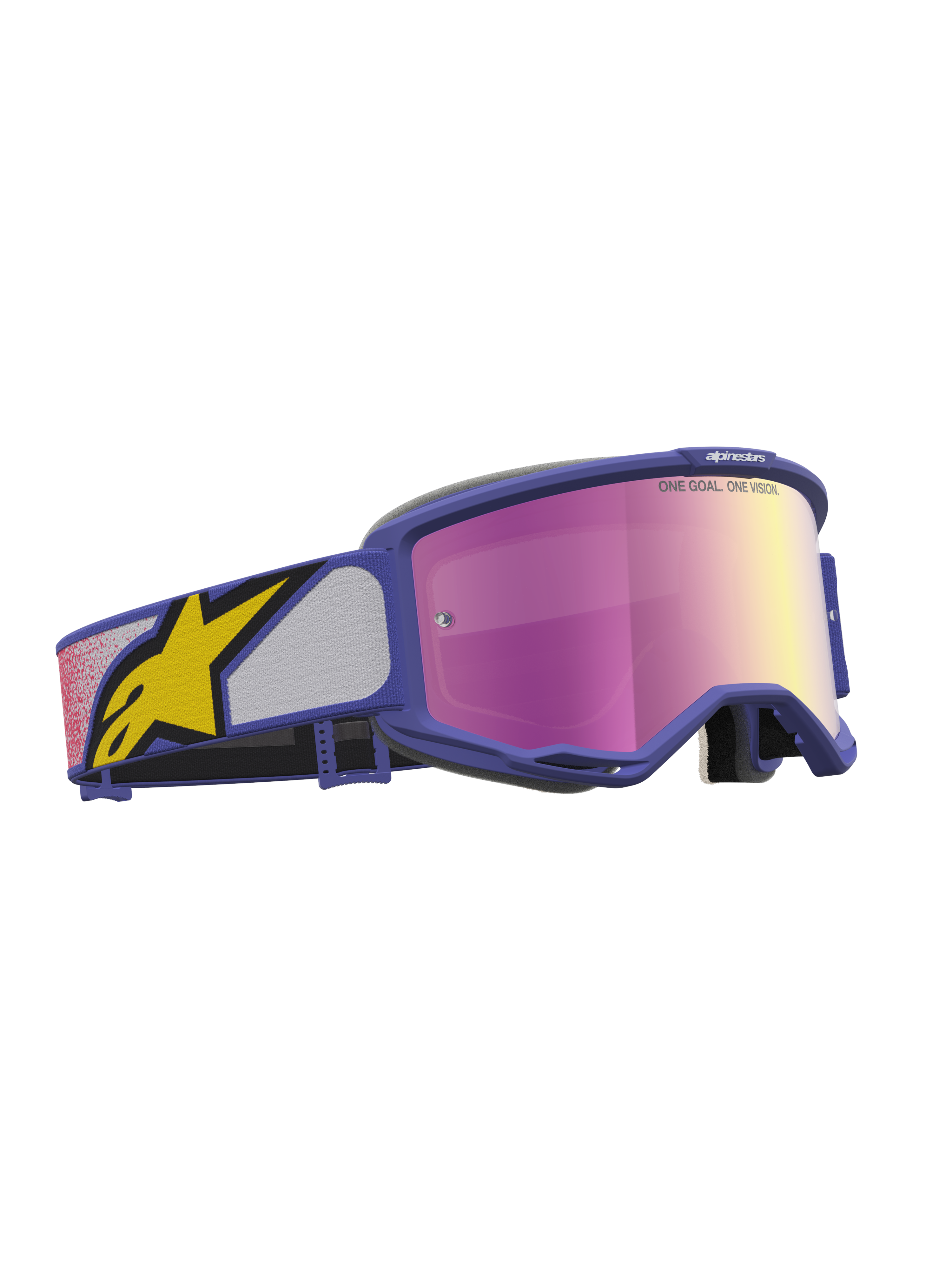 Alpinestars Vision 5 Drag, gafas de motocross moradas con lente de espejo rosa, montura A-FLEX y ventilación RAM-AIR.