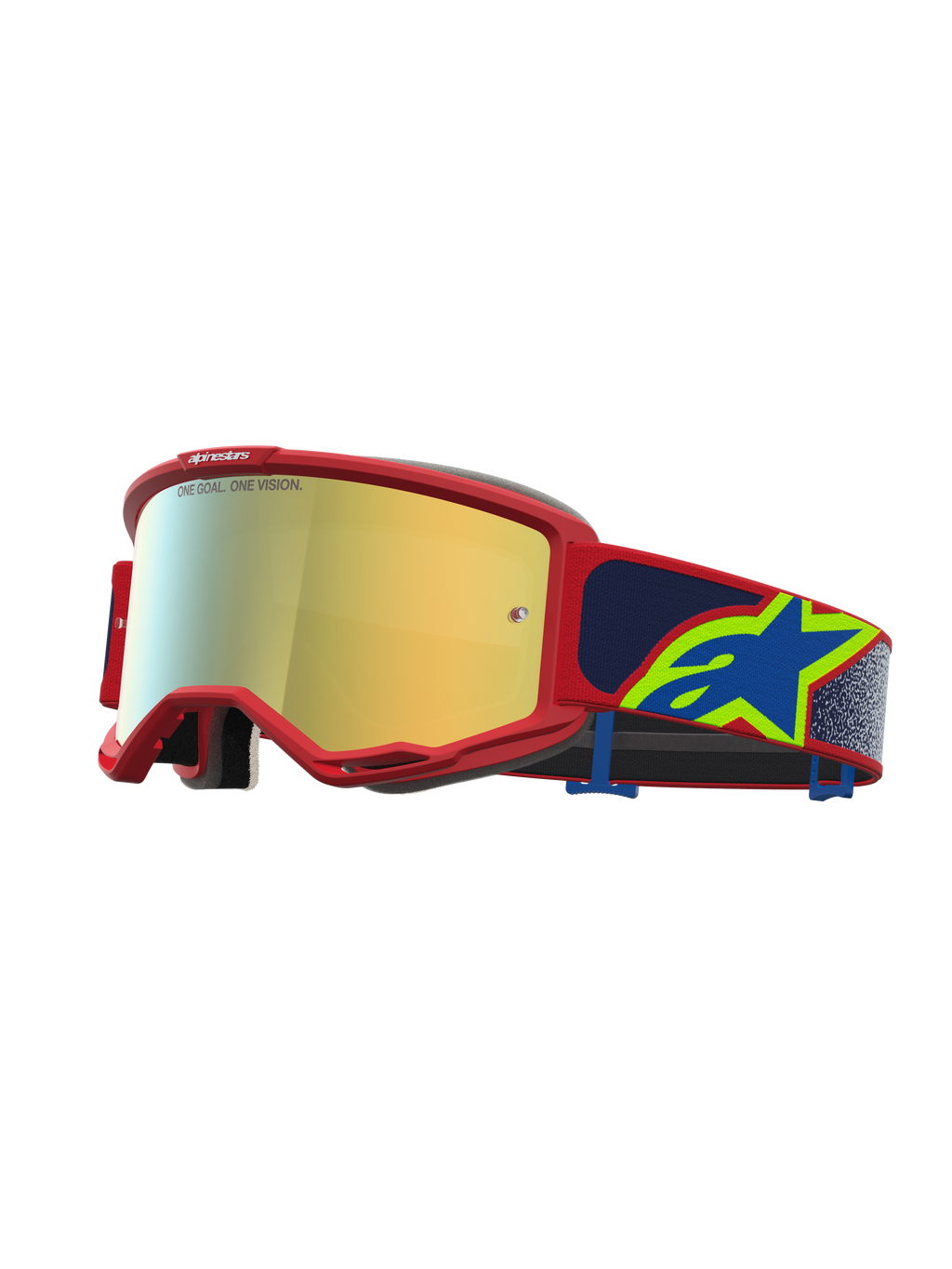 Alpinestars Vision 5 Drag, gafas de motocross con marco rojo, lente de espejo dorada y correa azul con logotipo