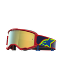 Alpinestars Vision 5 Drag, gafas de motocross con marco rojo, lente de espejo dorada y correa azul con logotipo
