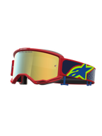 Alpinestars Vision 5 Drag, gafas de motocross con marco rojo, lente de espejo dorada y correa azul con logotipo