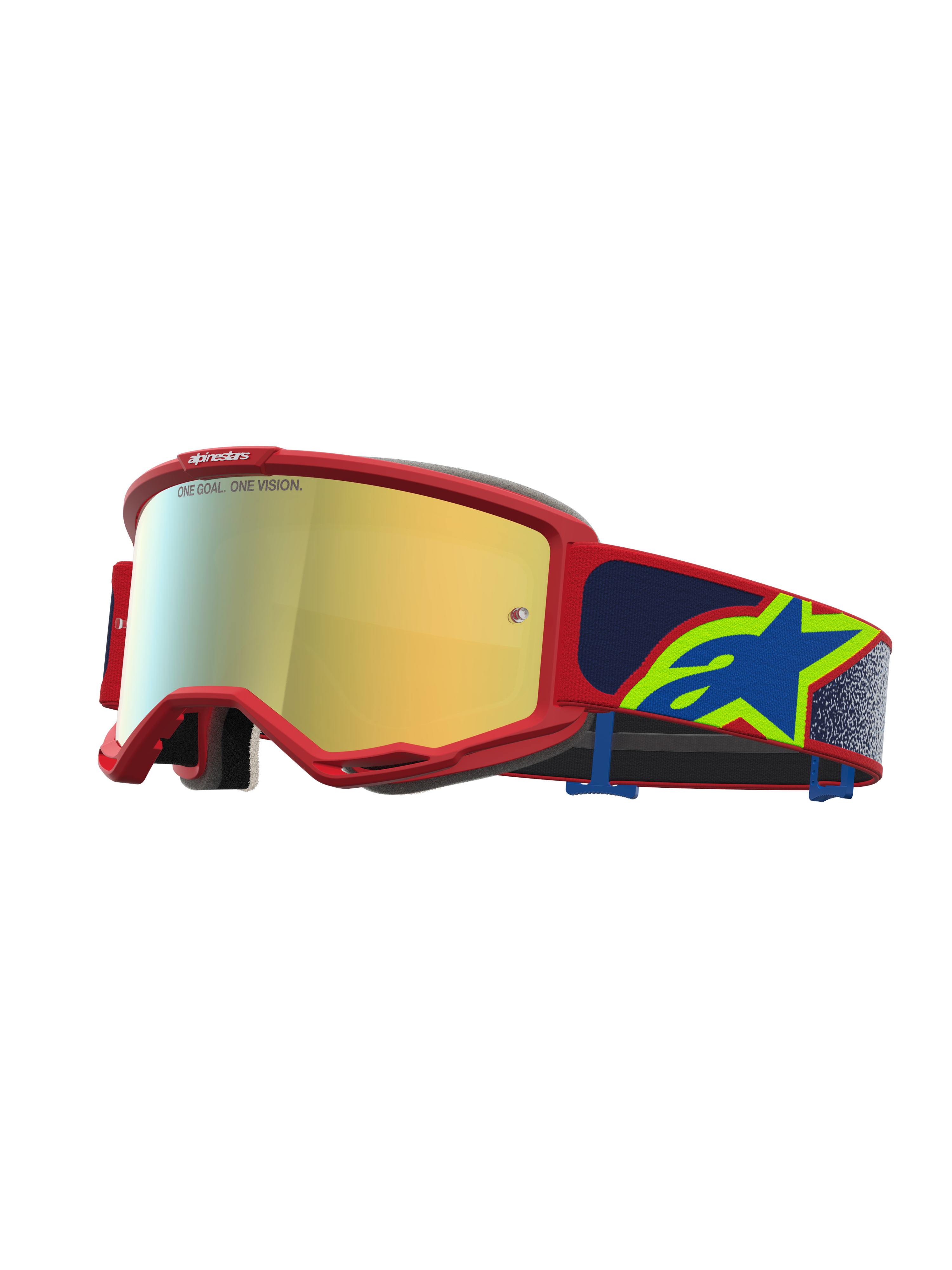 Alpinestars Vision 5 Drag, gafas de motocross con marco rojo, lente de espejo dorada y correa azul con logotipo