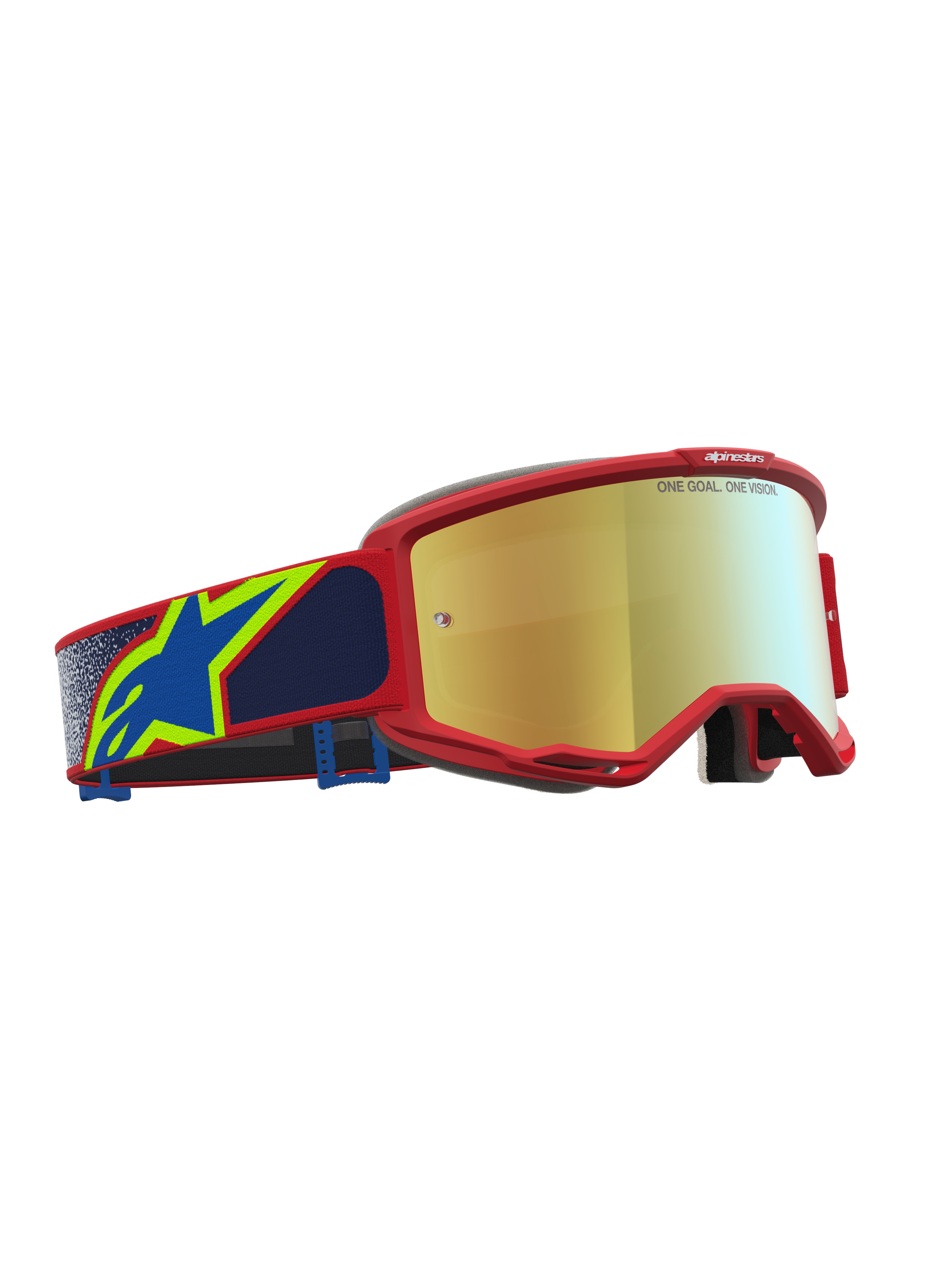 Alpinestars Vision 5 Drag, gafas de motocross para hombre, marco rojo y azul con lente de espejo dorada, construcción de uretano A-FLEX, ventilación RAM-AIR para off-road