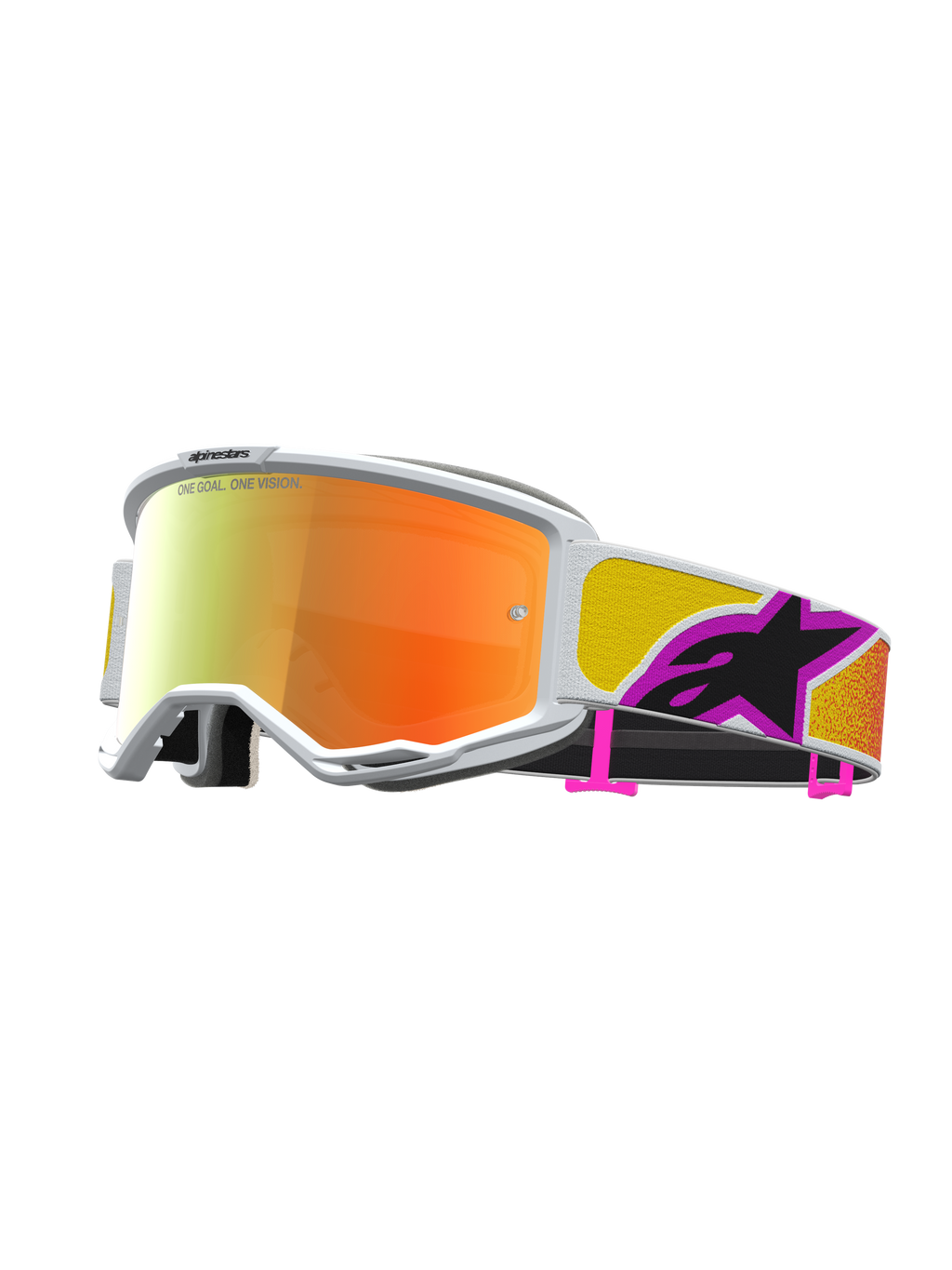 Alpinestars Vision 5 Drag, gafas de motocross con lente de espejo naranja y roja, montura blanca, sistema de ventilación RAM-AIR, correa multicolor con logotipo, equipo de protección para off-road