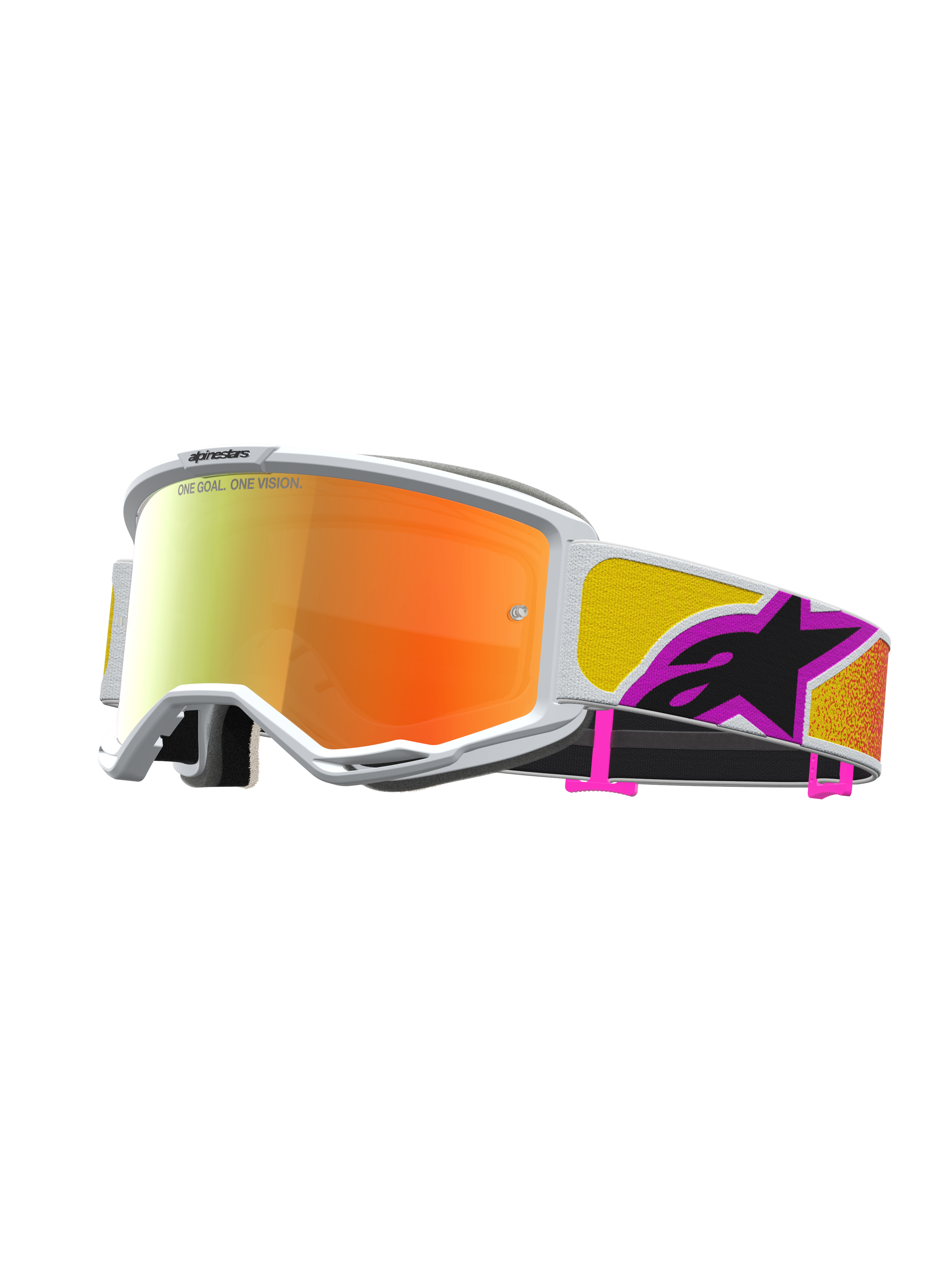 Alpinestars Vision 5 Drag, gafas de motocross con lente de espejo naranja y roja, montura blanca, sistema de ventilación RAM-AIR, correa multicolor con logotipo, equipo de protección para off-road