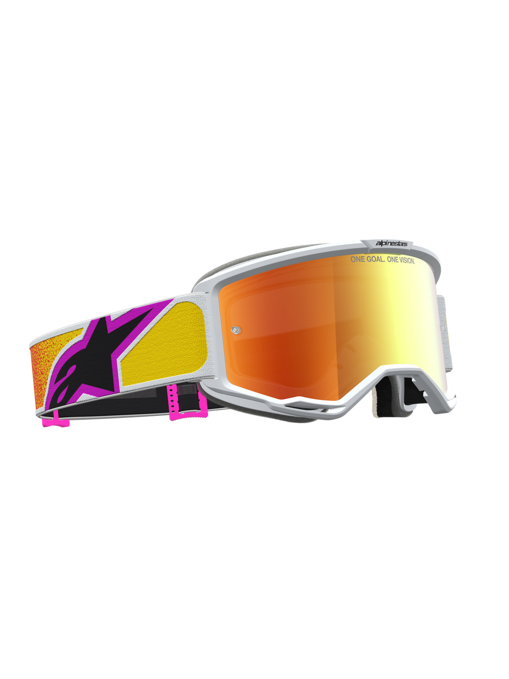 Alpinestars Vision 5 Drag, gafas de motocross para competición, lente de espejo naranja y roja, marco blanco, tecnología de ventilación RAM-AIR y construcción A-FLEX flexible