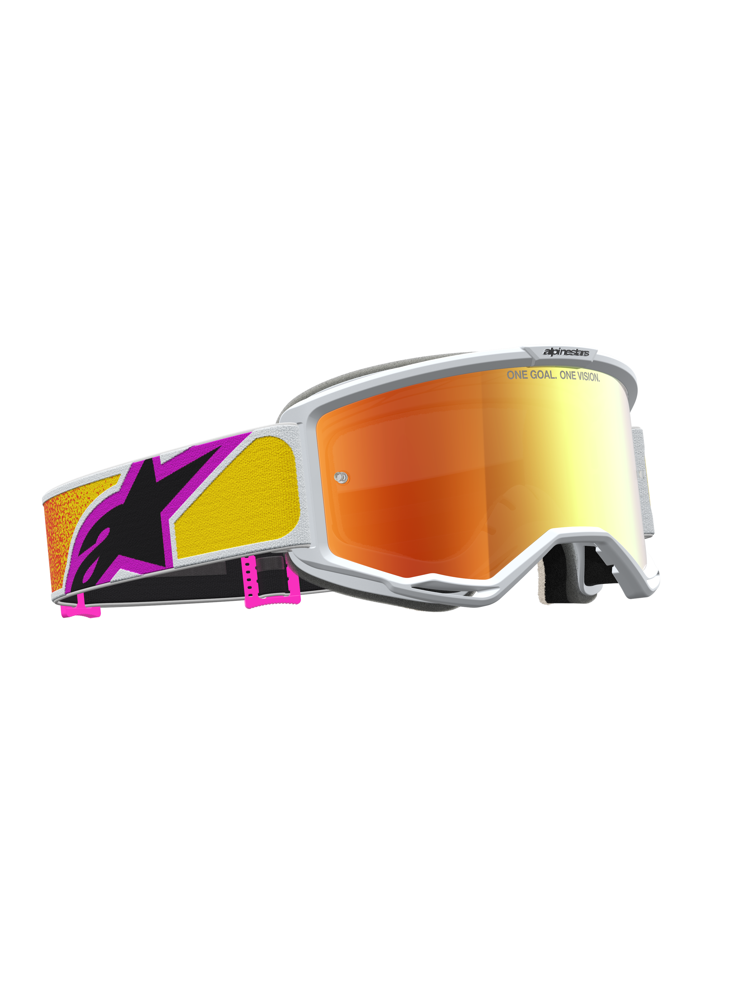 Alpinestars Vision 5 Drag, gafas de motocross para competición, lente de espejo naranja y roja, marco blanco, tecnología de ventilación RAM-AIR y construcción A-FLEX flexible