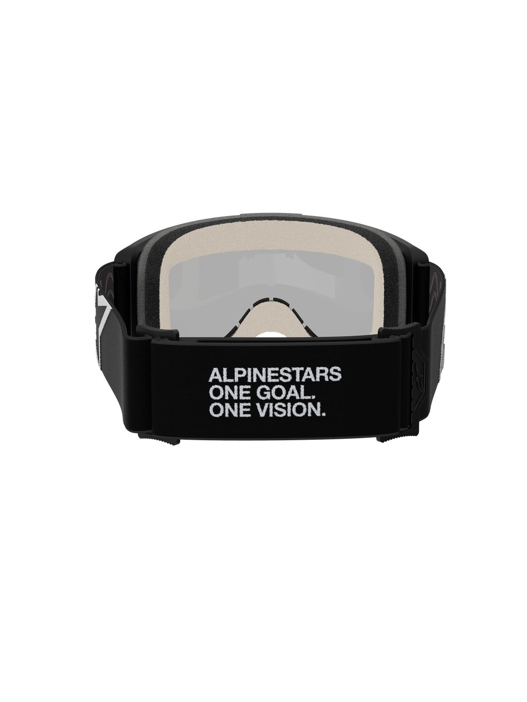 Gafas Alpinestars Vision 5 Corp, gafas de motocross, vista trasera, con correa tejida negra con el lema blanco 'ALPINESTARS ONE GOAL. ONE VISION.', espuma facial multicapa de 17 mm, lente de espejo plateada visible desde el interior, diseñadas para un ajuste seguro y rendimiento todoterreno