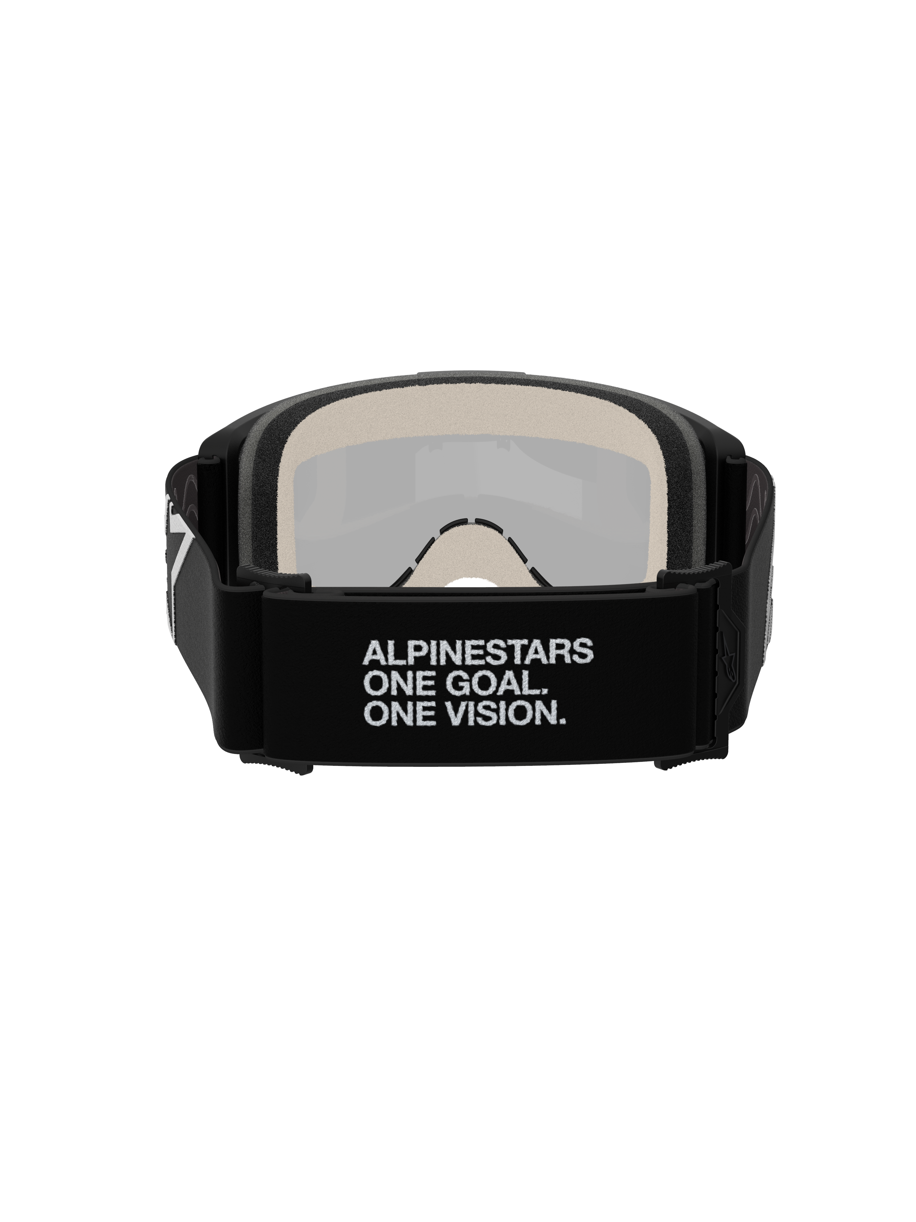 Gafas Alpinestars Vision 5 Corp, gafas de motocross, vista trasera, con correa tejida negra con el lema blanco 'ALPINESTARS ONE GOAL. ONE VISION.', espuma facial multicapa de 17 mm, lente de espejo plateada visible desde el interior, diseñadas para un ajuste seguro y rendimiento todoterreno