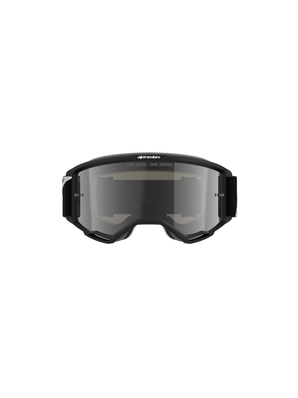Gafas Alpinestars Vision 5 Corp, gafas de motocross, negras con lente Mirror Silver, vista frontal que muestra el texto 'ONE GOAL. ONE VISION.' y el logotipo de Alpinestars, diseño estilizado para off-road y carreras de motocross