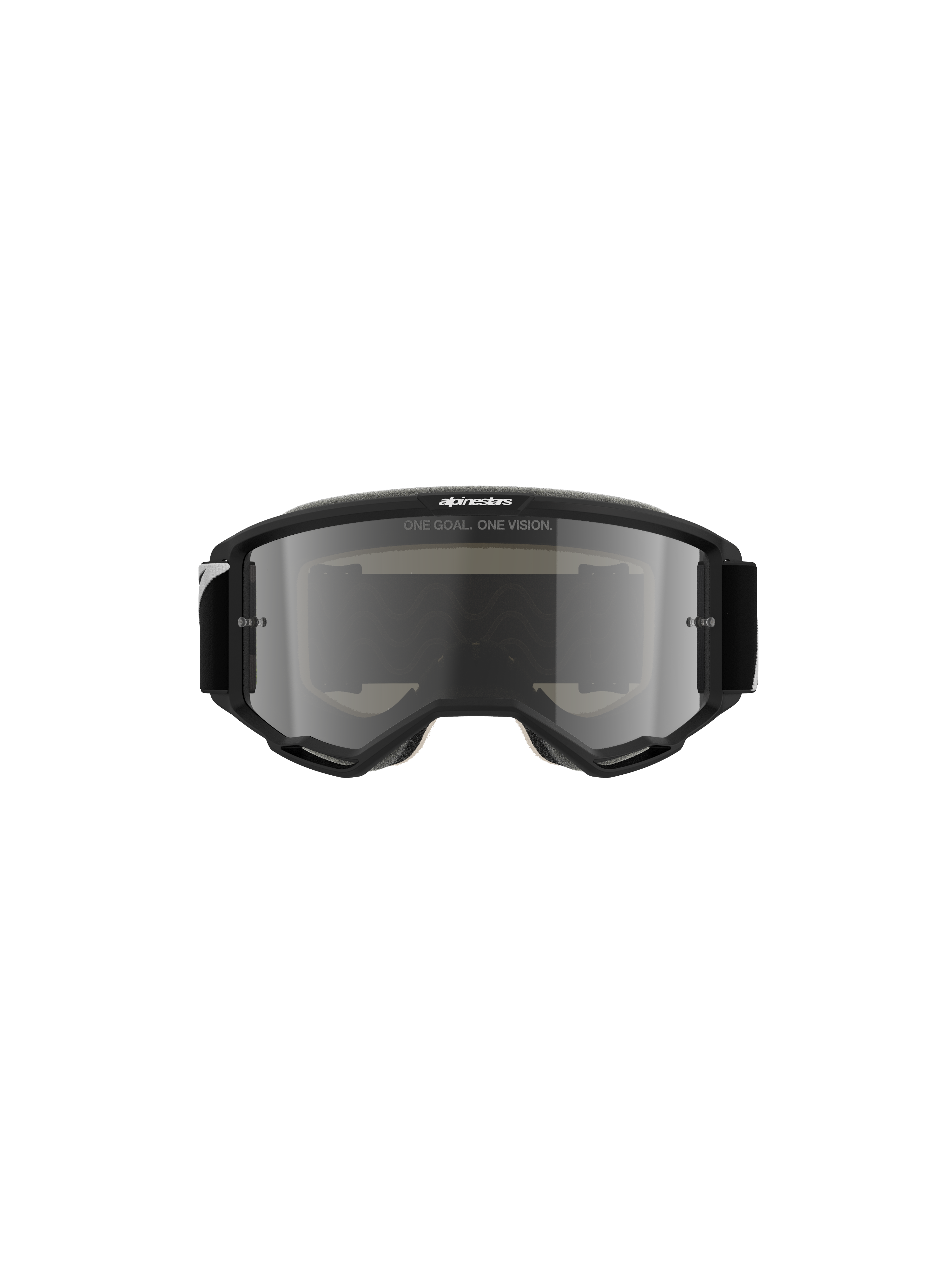 Gafas Alpinestars Vision 5 Corp, gafas de motocross, negras con lente Mirror Silver, vista frontal que muestra el texto 'ONE GOAL. ONE VISION.' y el logotipo de Alpinestars, diseño estilizado para off-road y carreras de motocross