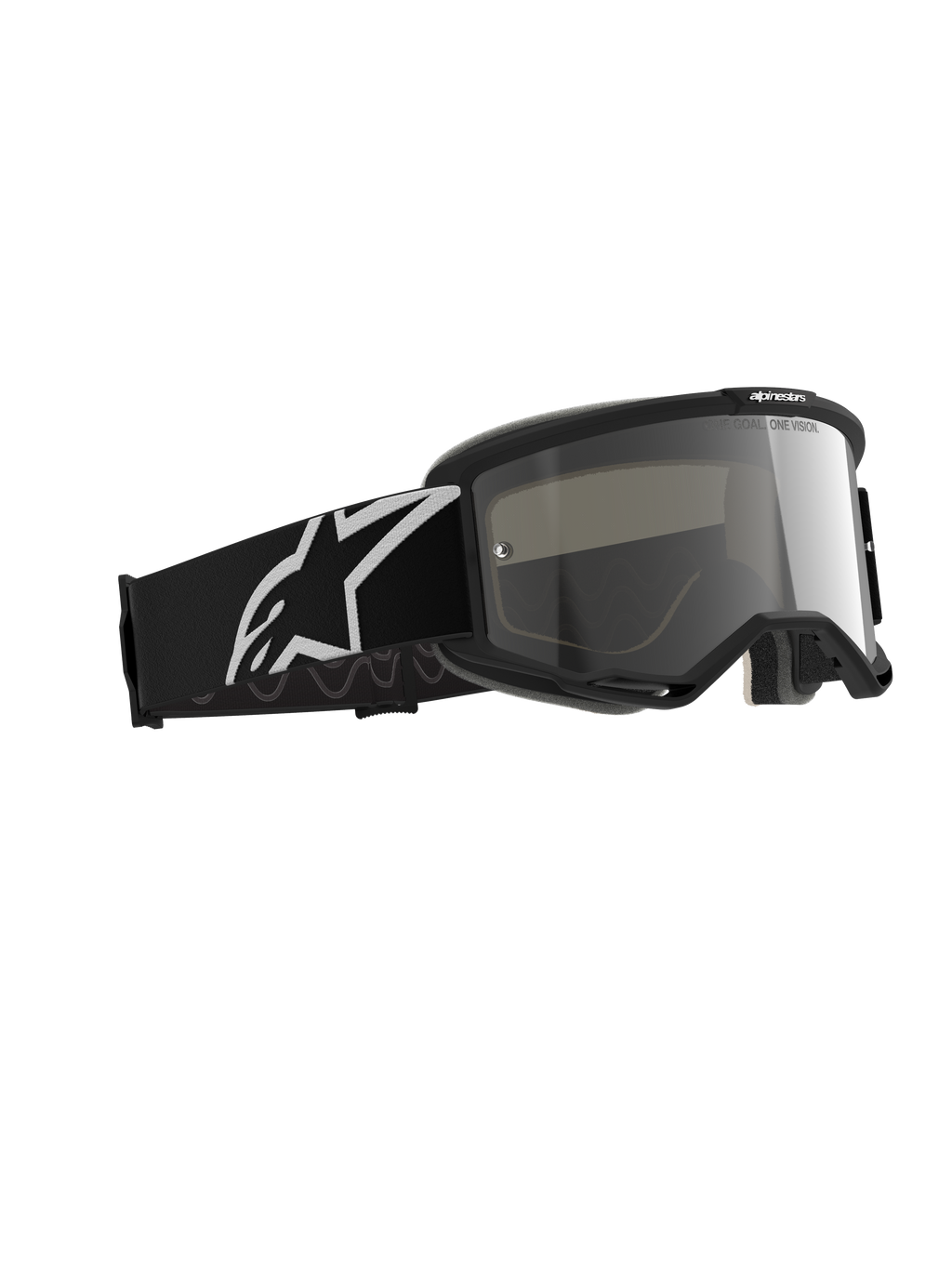 Gafas Alpinestars Vision 5 Corp, gafas de motocross, negro con espejo plateado, marco negro con lente de espejo plateada, correa negra ancha con un gran logotipo blanco de Alpinestars, diseñadas para el rendimiento off-road