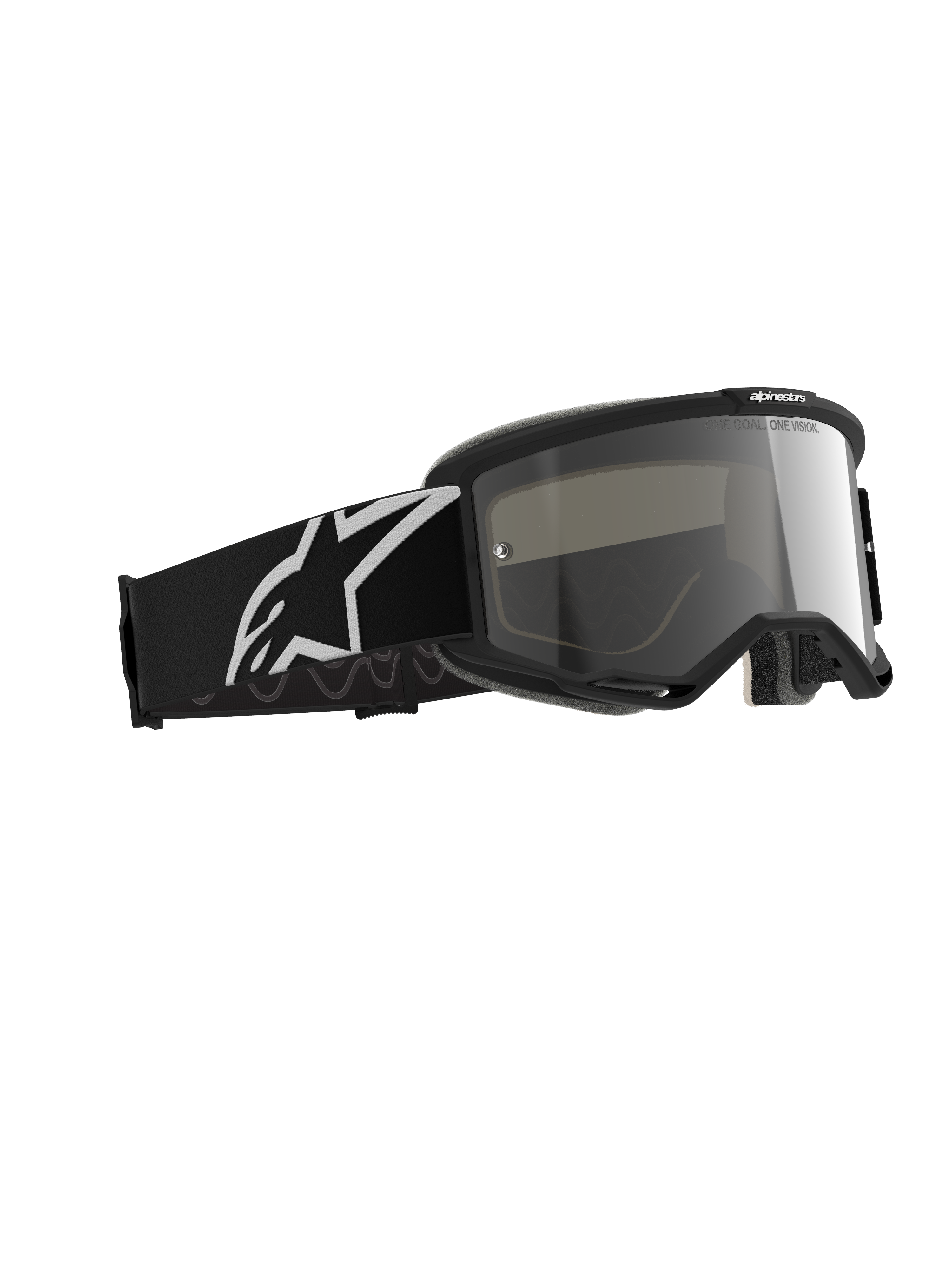 Gafas Alpinestars Vision 5 Corp, gafas de motocross, negro con espejo plateado, marco negro con lente de espejo plateada, correa negra ancha con un gran logotipo blanco de Alpinestars, diseñadas para el rendimiento off-road