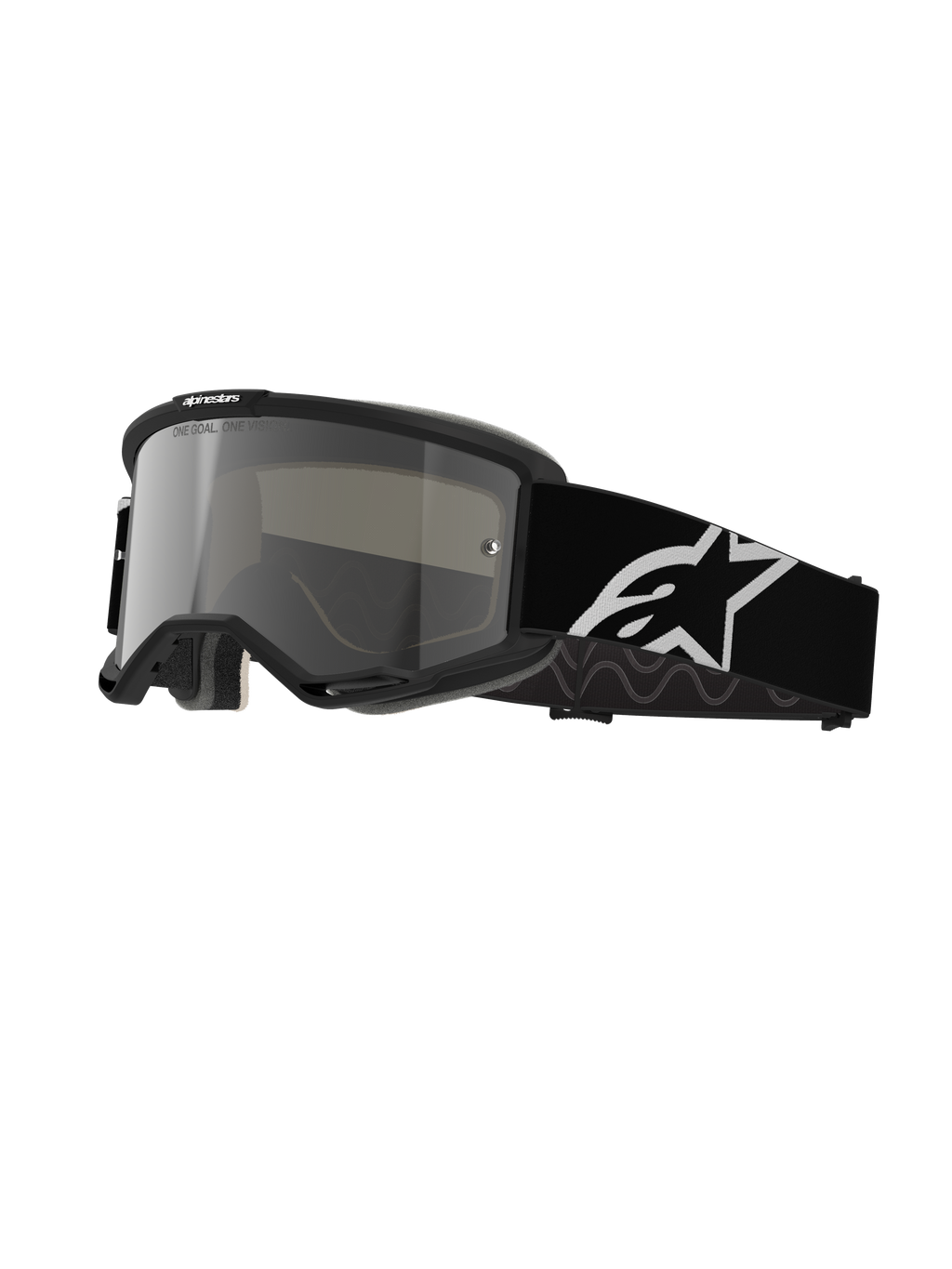 Gafas Alpinestars Vision 5 Corp, gafas de motocross, montura negra con lente de espejo plateada, correa ancha ajustable negra con logotipo de estrella blanco de Alpinestars, espuma facial acolchada, marca One Goal One Vision