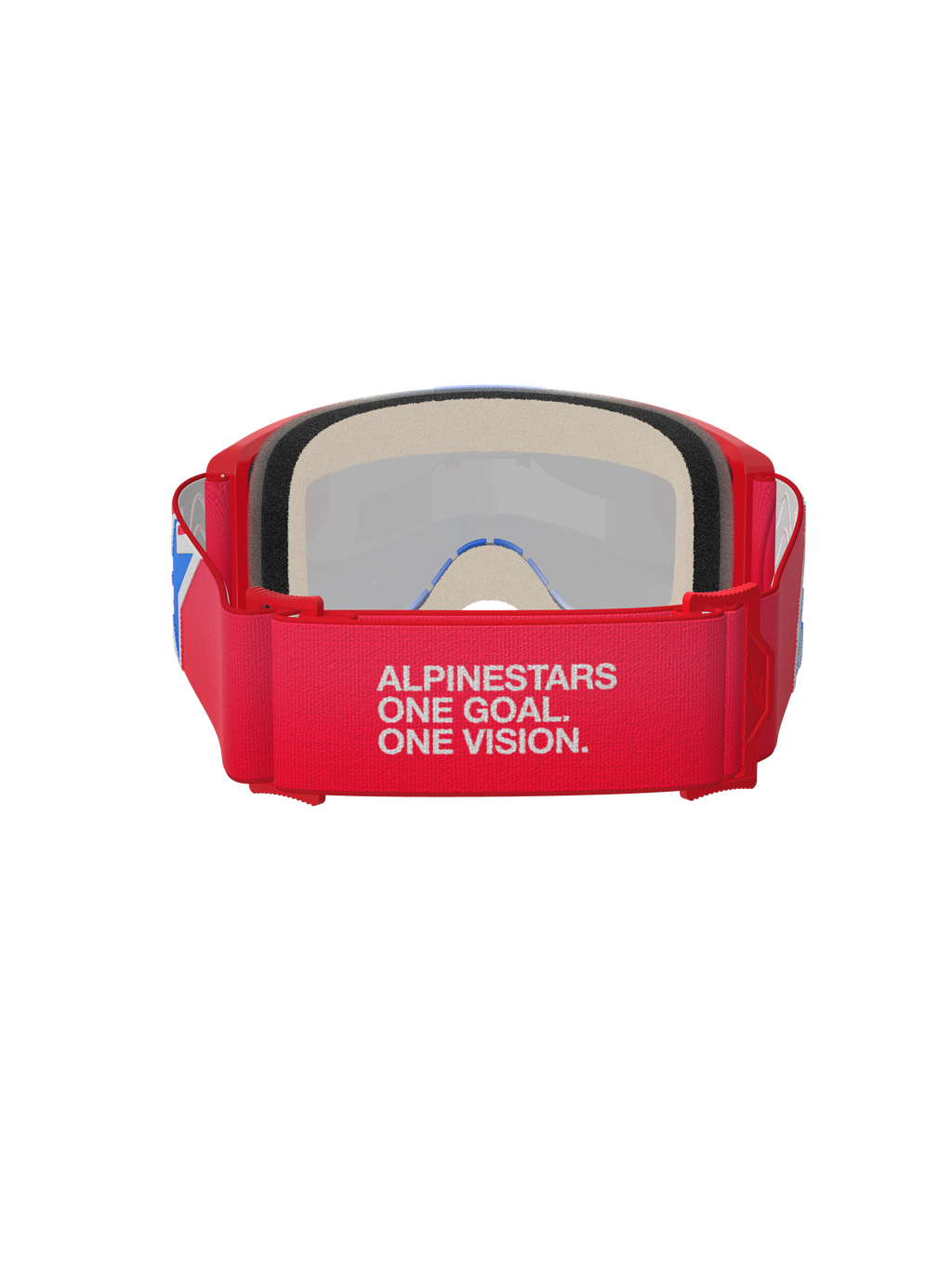Gafas Alpinestars Vision 5 Corp, gafas de motocross, rojo y blanco, vista trasera que muestra una correa ancha con el eslogan 'Alpinestars One Goal. One Vision.', espuma facial gruesa y montura roja