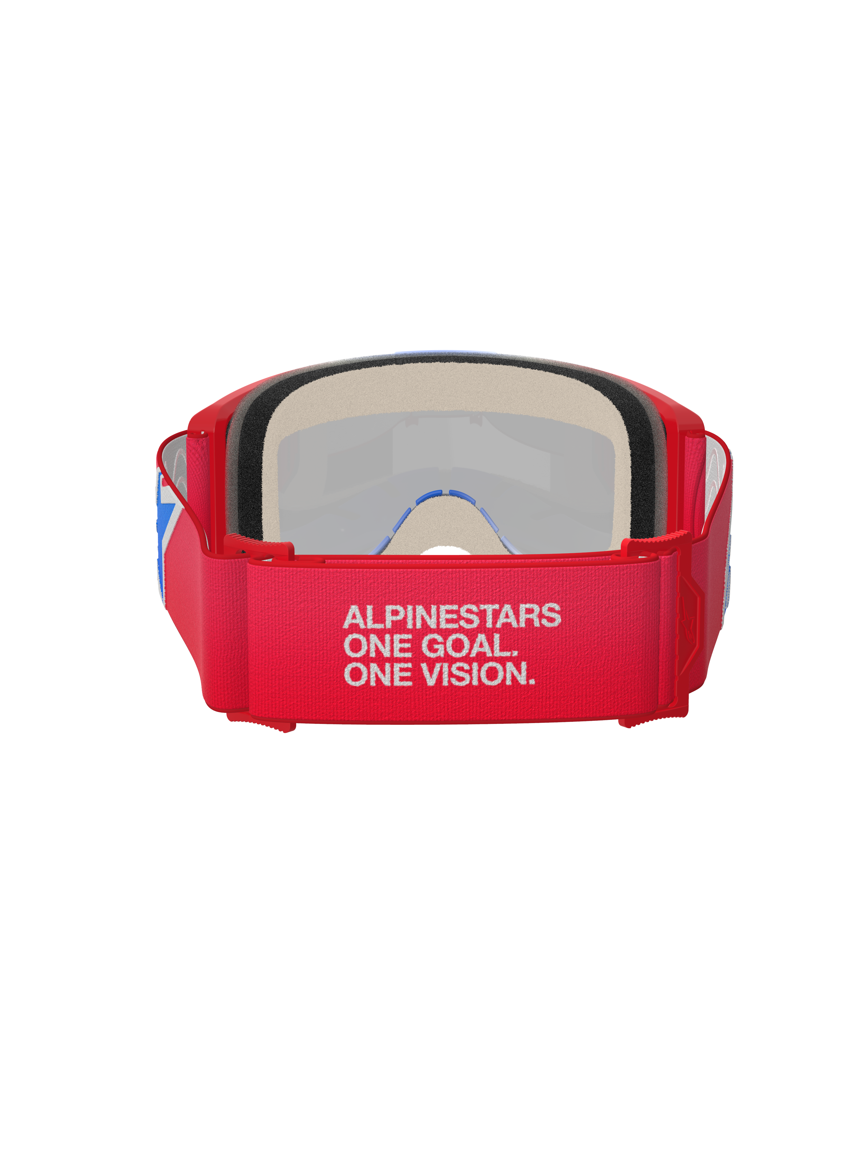 Gafas Alpinestars Vision 5 Corp, gafas de motocross, rojo y blanco, vista trasera que muestra una correa ancha con el eslogan 'Alpinestars One Goal. One Vision.', espuma facial gruesa y montura roja