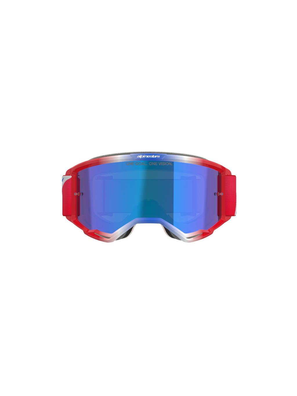 Alpinestars Vision 5 Corp Goggles, gafas de motocross, montura roja y blanca con lente de espejo azul, con correa roja y el texto 'ONE GOAL... ONE VISION' en la lente, vista frontal